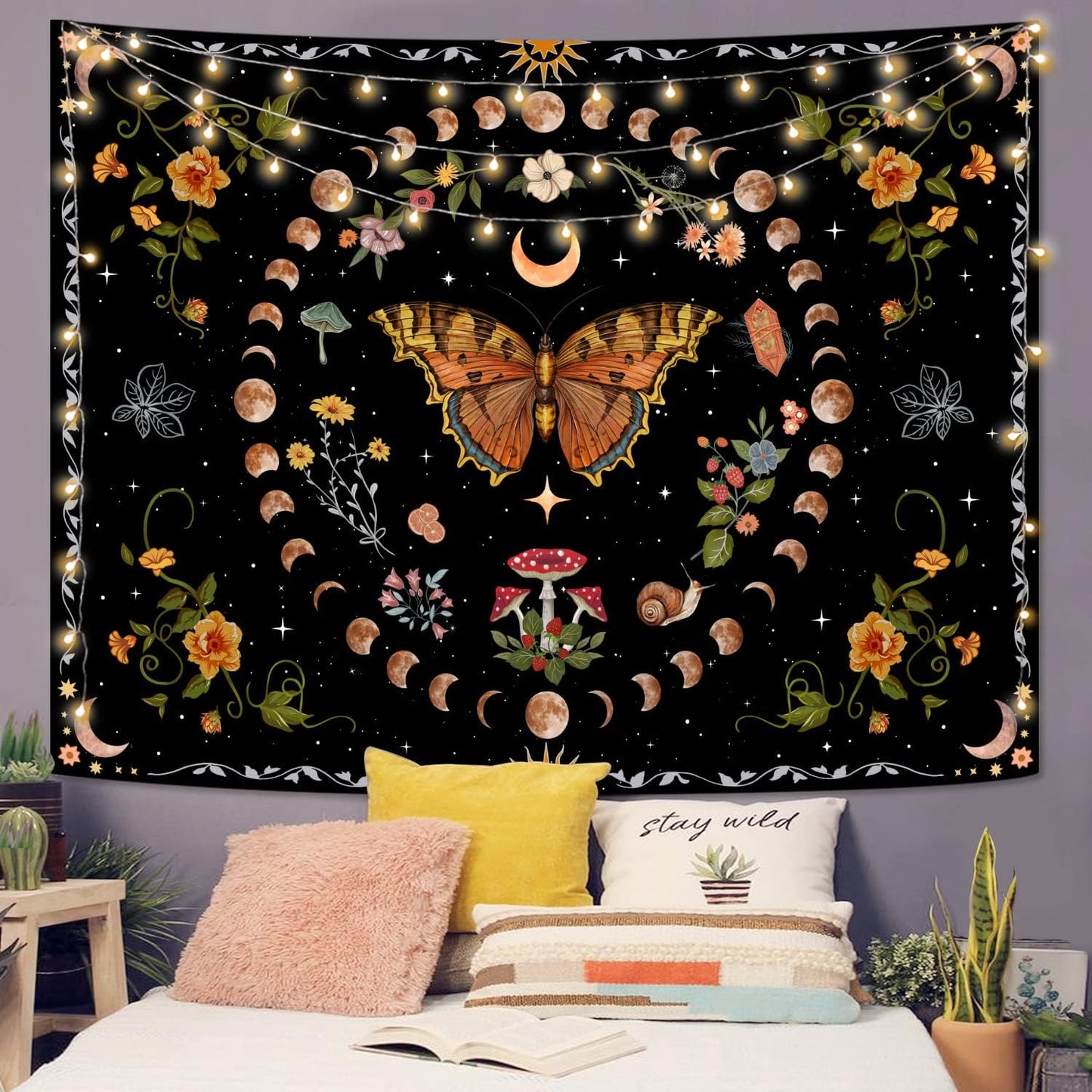 Aipon Orange Butterfly Moon Flower Tapestry Botanical Floral Plant Boho Tapestry for Bedroom Aesthetic Vintage Tapestries Wall Hanging for Living Room Dorm (44.00'' × 60.00'', Orange)
