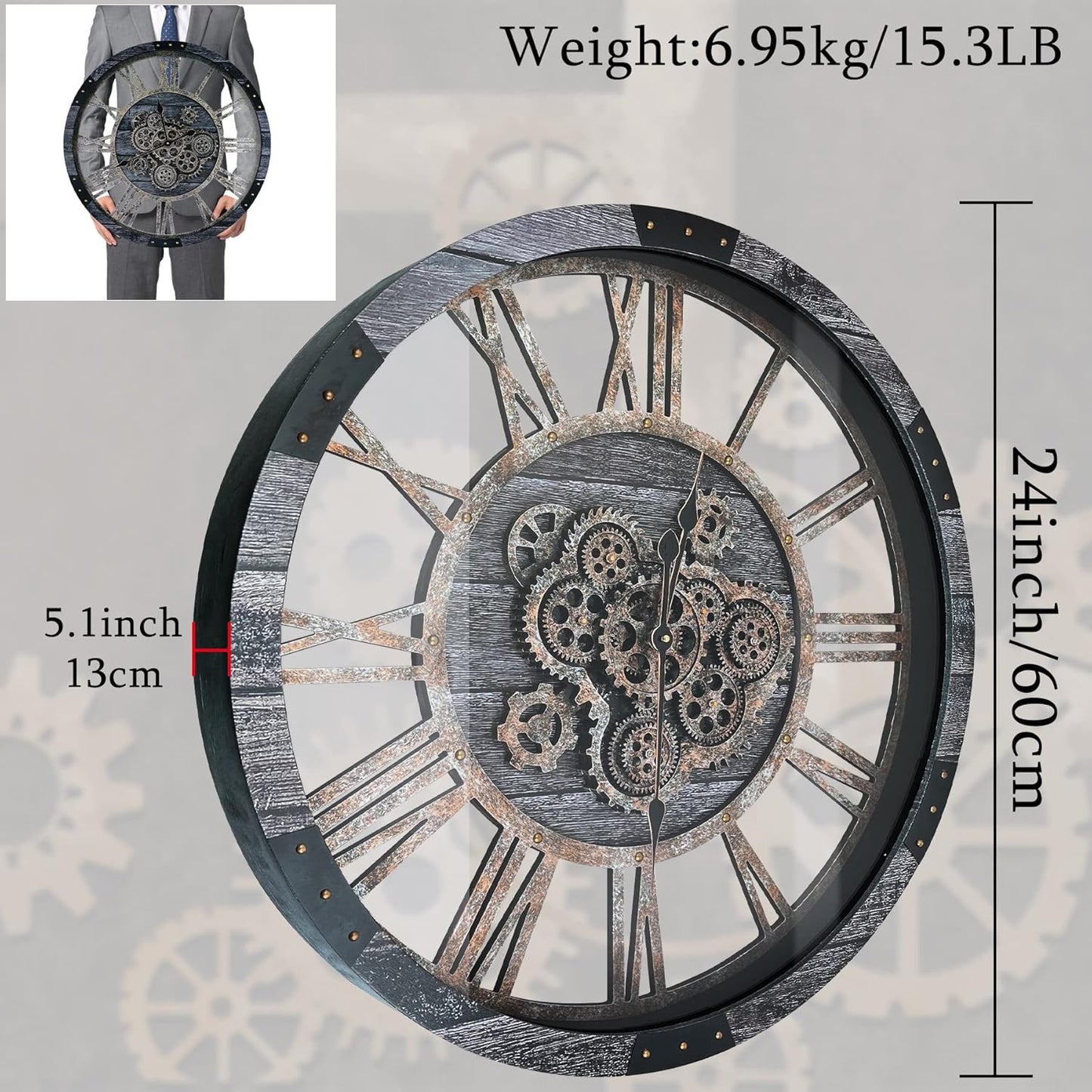 24 Inch Industrial Steampunk Wall Clock, Oversized Solid Wood Frame, Battery Operated, Large Wall Clock with Real Rotating Gears, Gray