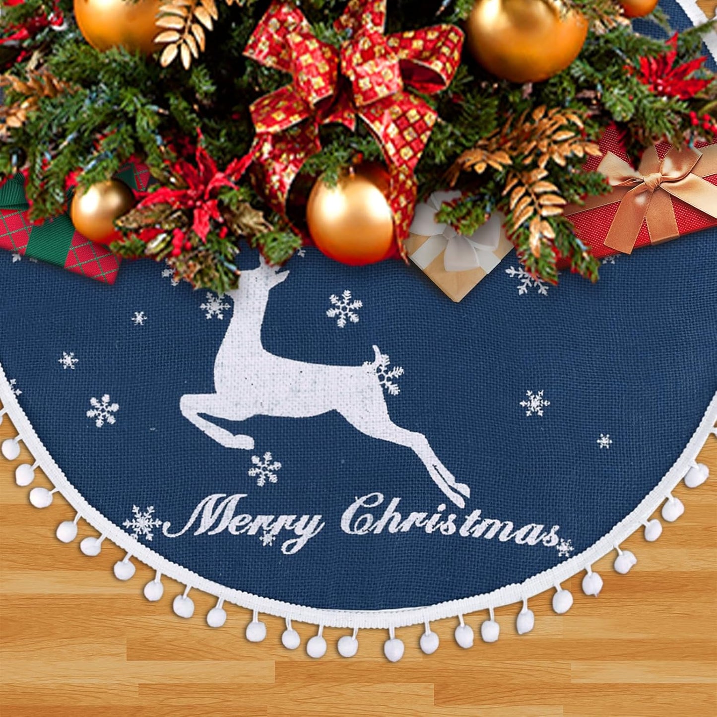 48 Inch Christmas Tree Skirt, Burlap Blue Christmas Rustic Tree Skirt with Elk Deer and White Snowflake Printed for Holiday Party Xmas Tree Decoration
