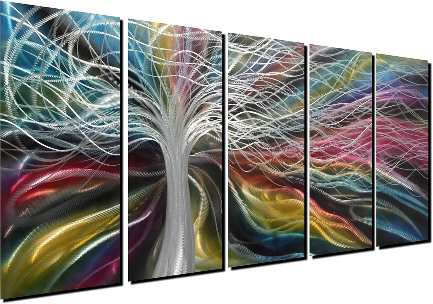 Unique Metal Wall Art with Colorful Fantastic Tree Design, Abstract Modern and Contemporary Décor, Metal Wall Sculpture, Silver Aluminum Artwork, Indoor and Outdoor decoration, 5 panels 64"x24"