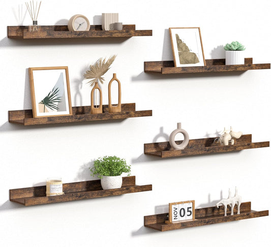 upsimples Floating Shelves for Wall, Wall Shelves for Decor Storage Set of 6, Wall Mounted Wood Shelf for Bedroom, Living Room, Bathroom, Kitchen, 23.6 inch Long Picture Ledge Shelf, Brown