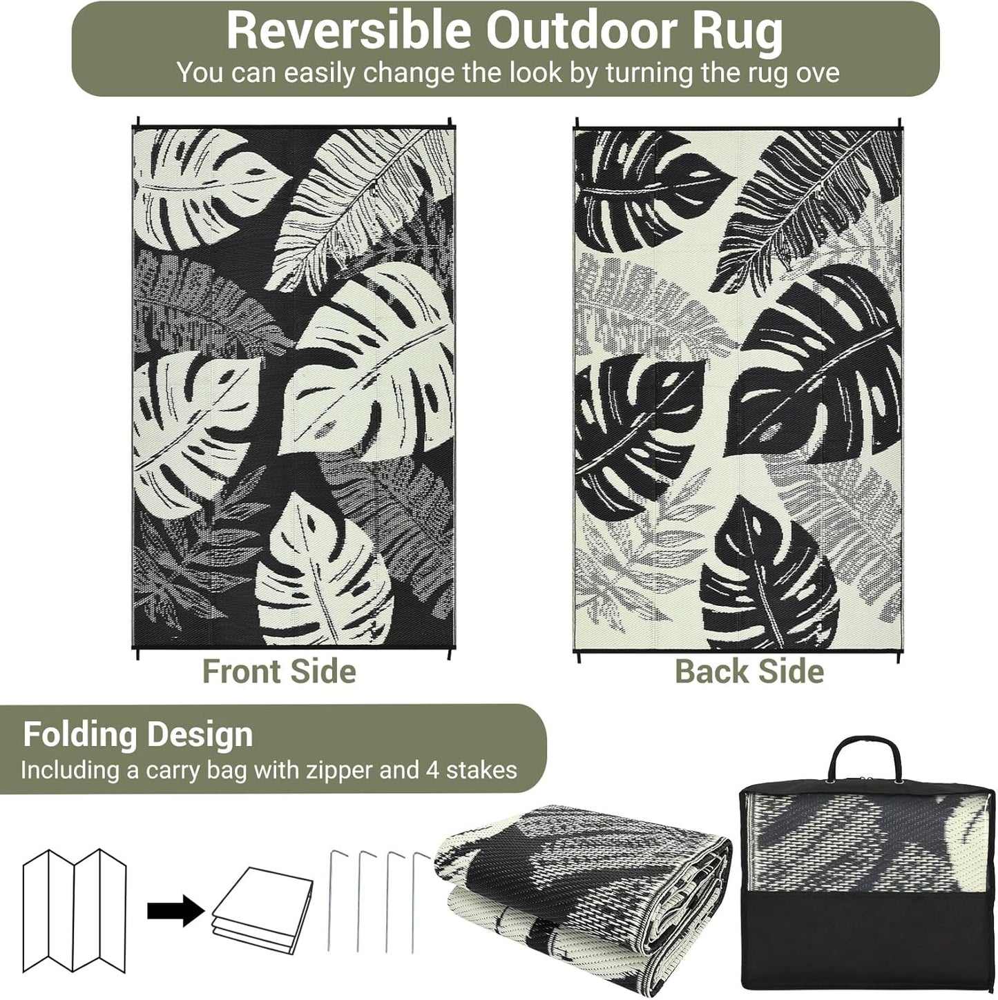 GAOMON Waterproof 8x10 Outdoor Rug Reversible Plastic Straw Rug Modern Patio Carpet, Foldable Lightweight RV Camping Mat with Portable Bag & 4 Stakes, UV Resistant & Sturdy for Picnic, Beige