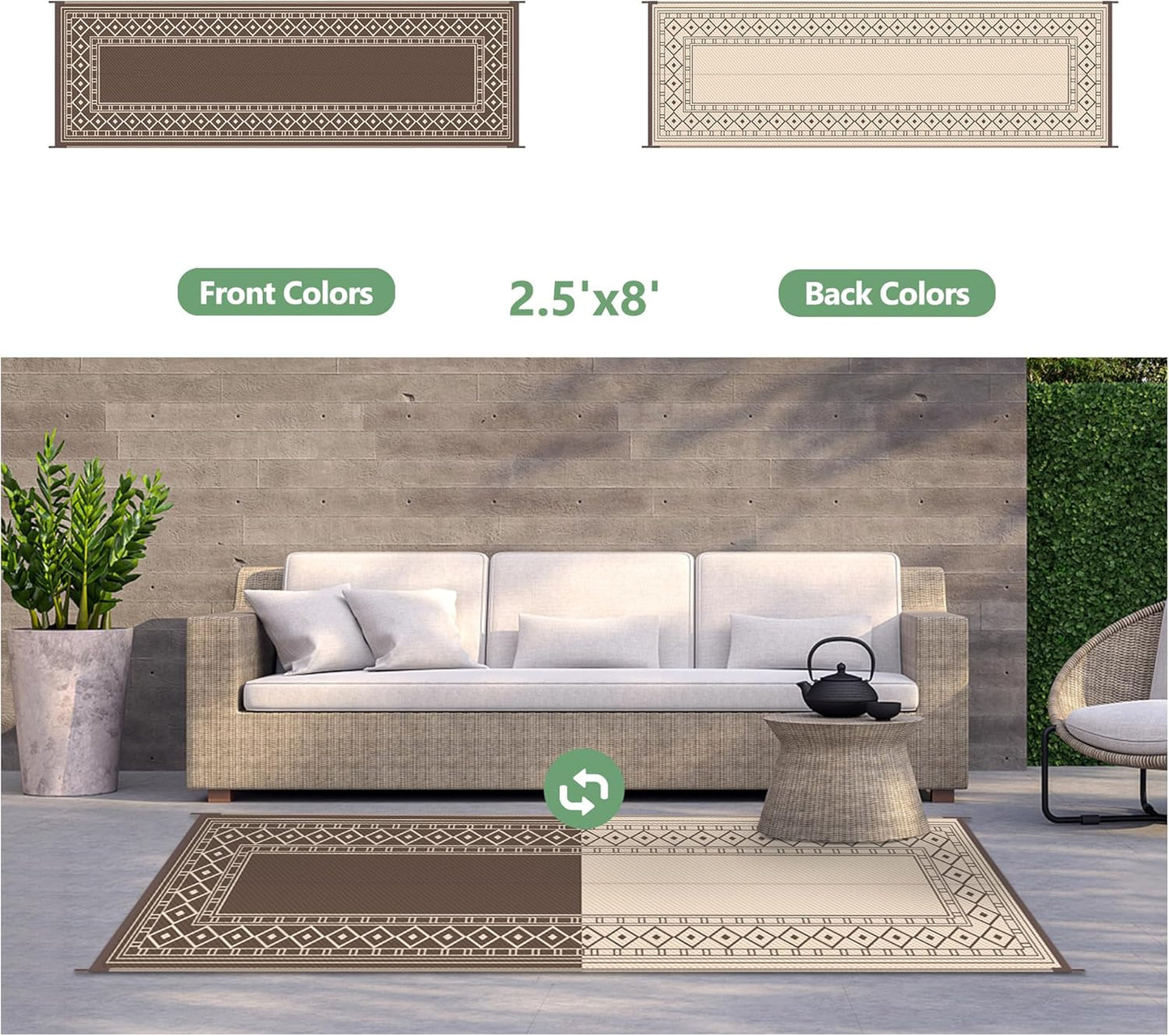 GENIMO Outdoor Rug Waterproof for Patio Decor, 2.5'x8' Foldable Reversible Plastic Straw Runner Rugs Carpet for Porch, Outside Area Mat for Rv, Deck, Picnic, Camper, Balcony, Coffee & Beige