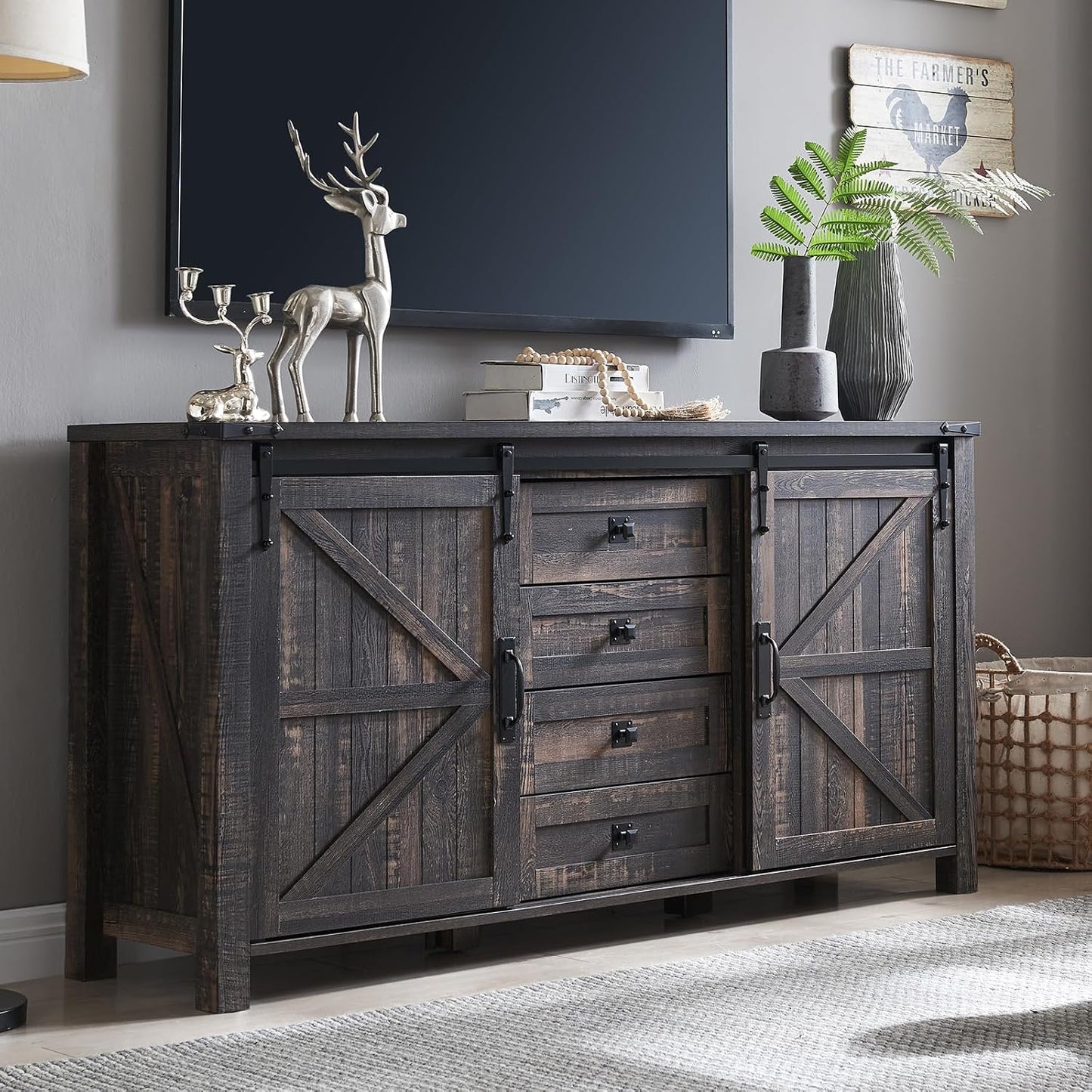 T4TREAM 60'' Farmhouse Dresser Chests for Bedroom w/4 Drawers & Sliding Barn Doors, Wide Dresser TV Stand, Tall Chest of Drawers, Rustic Dresser Organizer for Bedroom, Living Room, Dark Rustic Oak