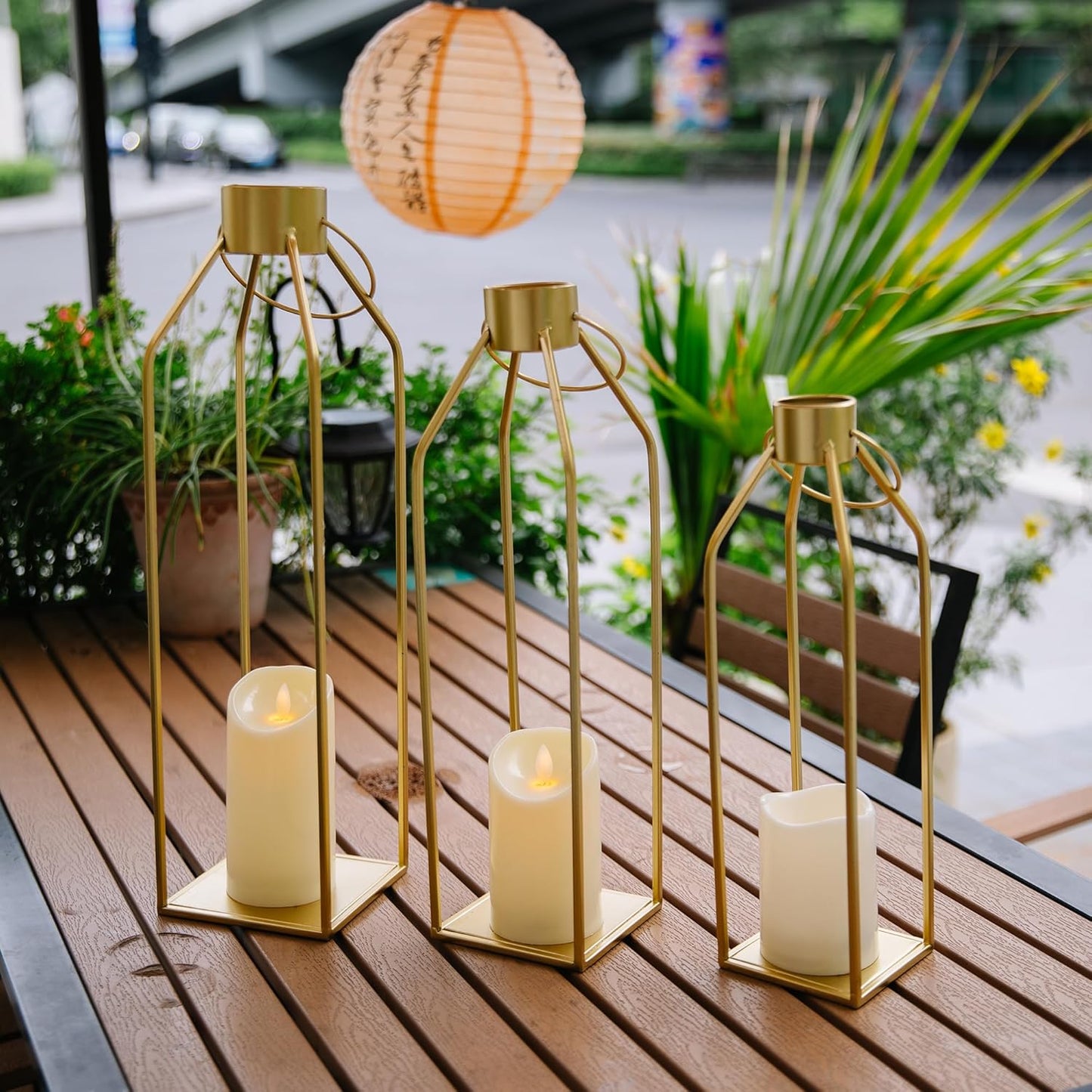 HPC DECOR Modern Farmhouse Lantern Decor- 22''19''16''Tall Large Gold Metal Candle Lanterns for Home Decor-Lanterns Decorative w/Timer Flickering Candles for Living Room,Outdoor,Fireplace Mantle Decor