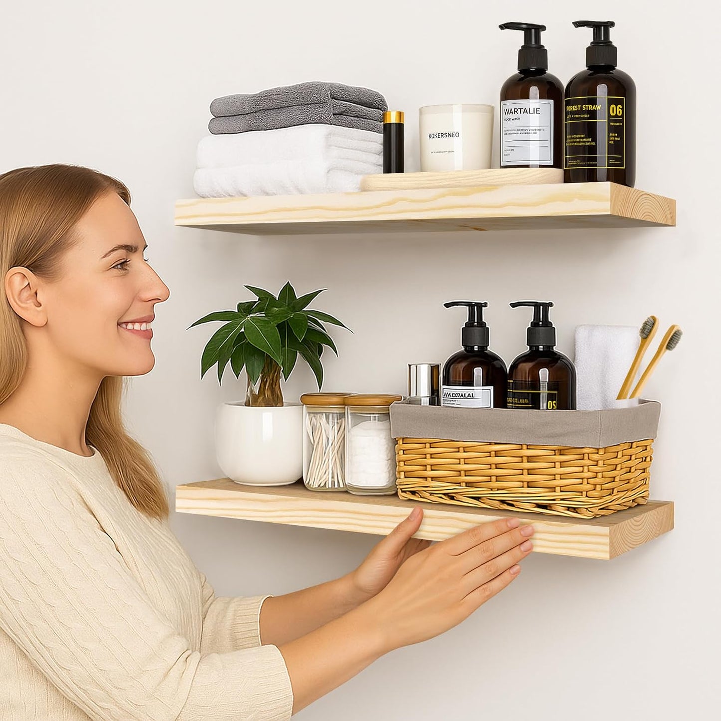 BGMG Wood Floating Shelves 24 inch, Wide Rustic Wooden Wall Shelves for Bathroom Living Room Bedroom Kitchen Farmhouse Set of 2-24x 6.7 x1.25 inch- DIY-Unfinished