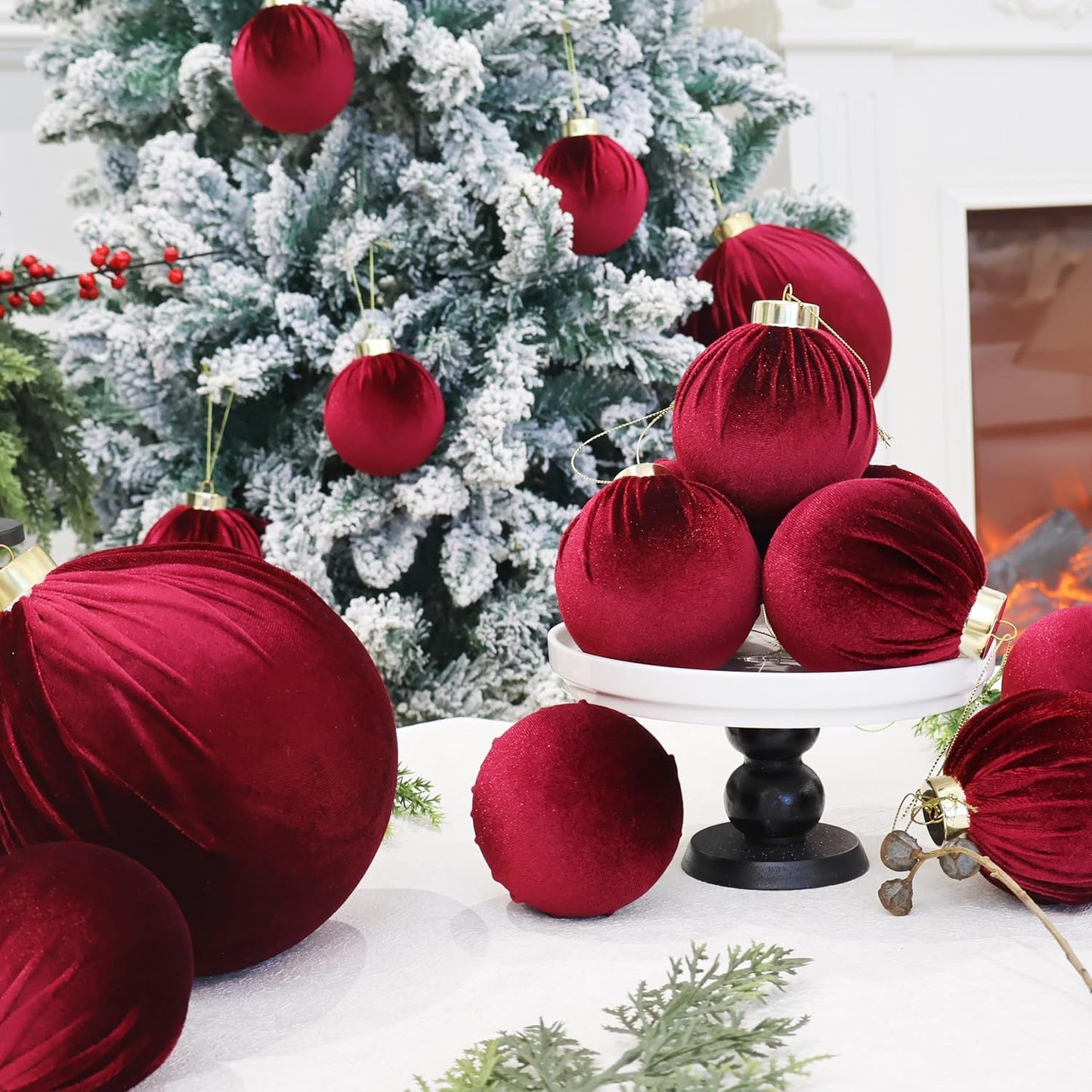 6inch Big Burgundy Velvet Christmas Ornaments, 2pcs Flocked Ornaments Balls Sets for Christmas Tree Decorations