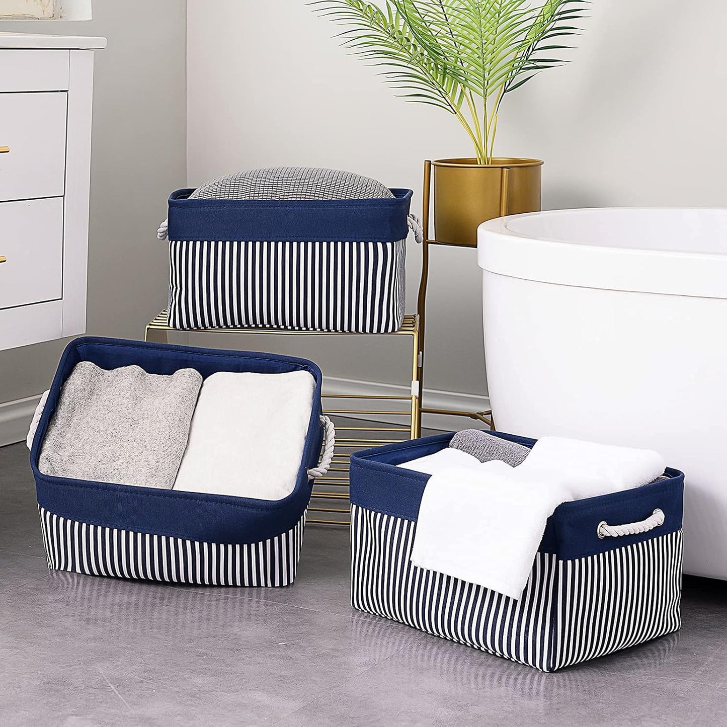 TcaFmac Storage Basket for Organizing - Large 4 Pack Foldable Storage Bins Baskets for Shelves with Ropes, Fabric Storage Cubes for Cloth Toy Gift Kids (Navy & White 16x12x8 inch)
