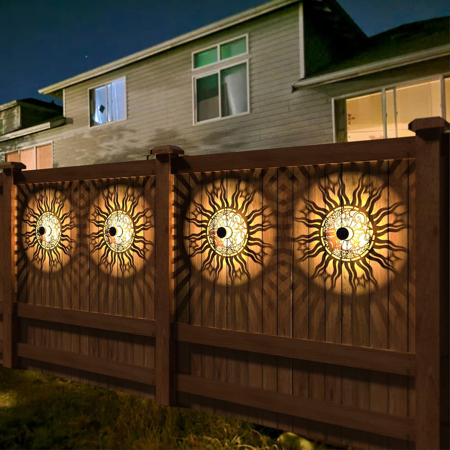 2 Pack Solar Fence Lights Metal Solar Powered Outdoor Wall Deck Lights Sun Moon Theme Waterproof Fence Light for Garden Post Patio Backyard Yard Decor (Face, 2 Pack)