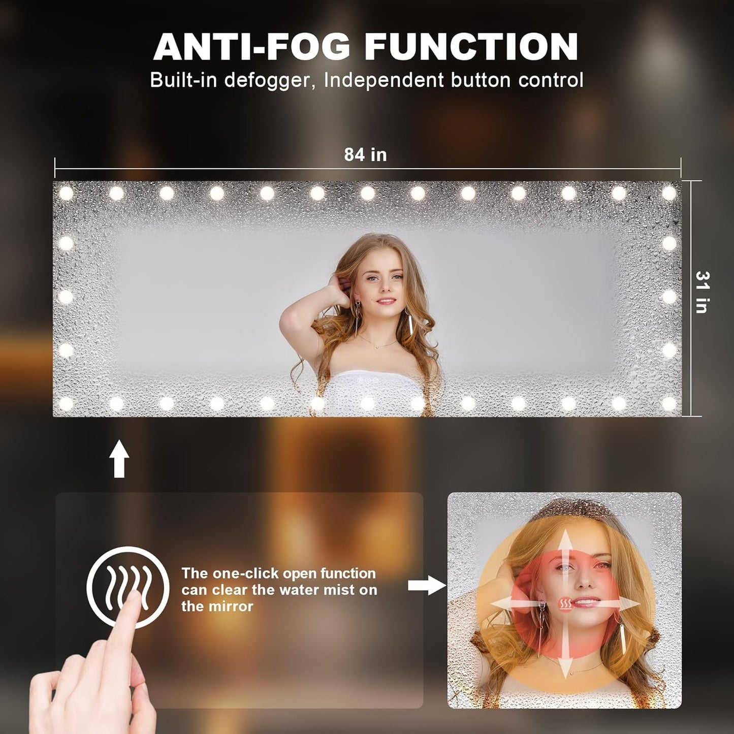 Hasipu LED Bathroom Mirror with Lights, 84" x 31" Hollywood Wall-Mounted Bathroom Mirror with 32 Dimmable Bulbs, 3 Colors Modes, Touch Control, Anti-Fog, Memory Function, Shatter-Proof, ETL Listed