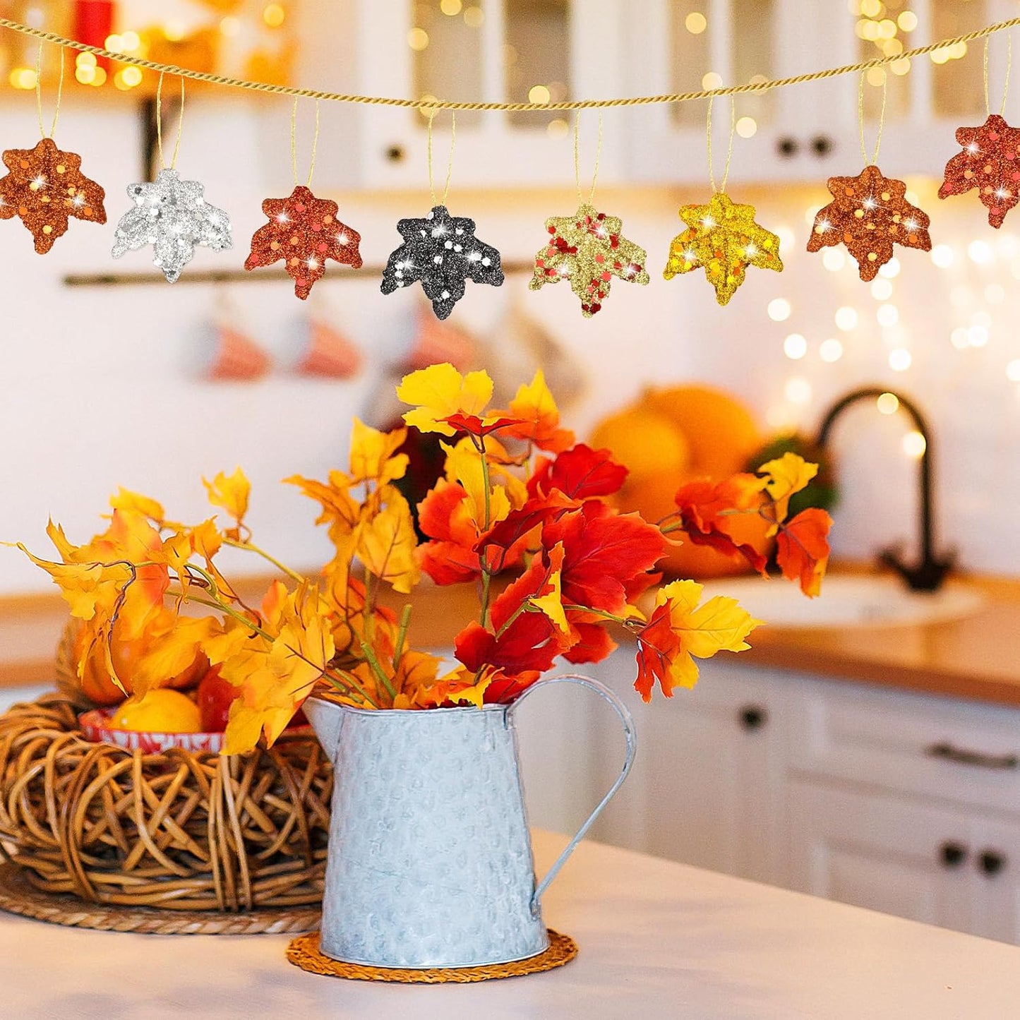 JULMELON 24 Pcs Thanksgiving Glitter Maple Leaves Colorful Foam Maple Ornaments Mini Hanging Fall Autumn Leaves for Thanksgiving Day Tree Decoration Party Favors Craft Supplies