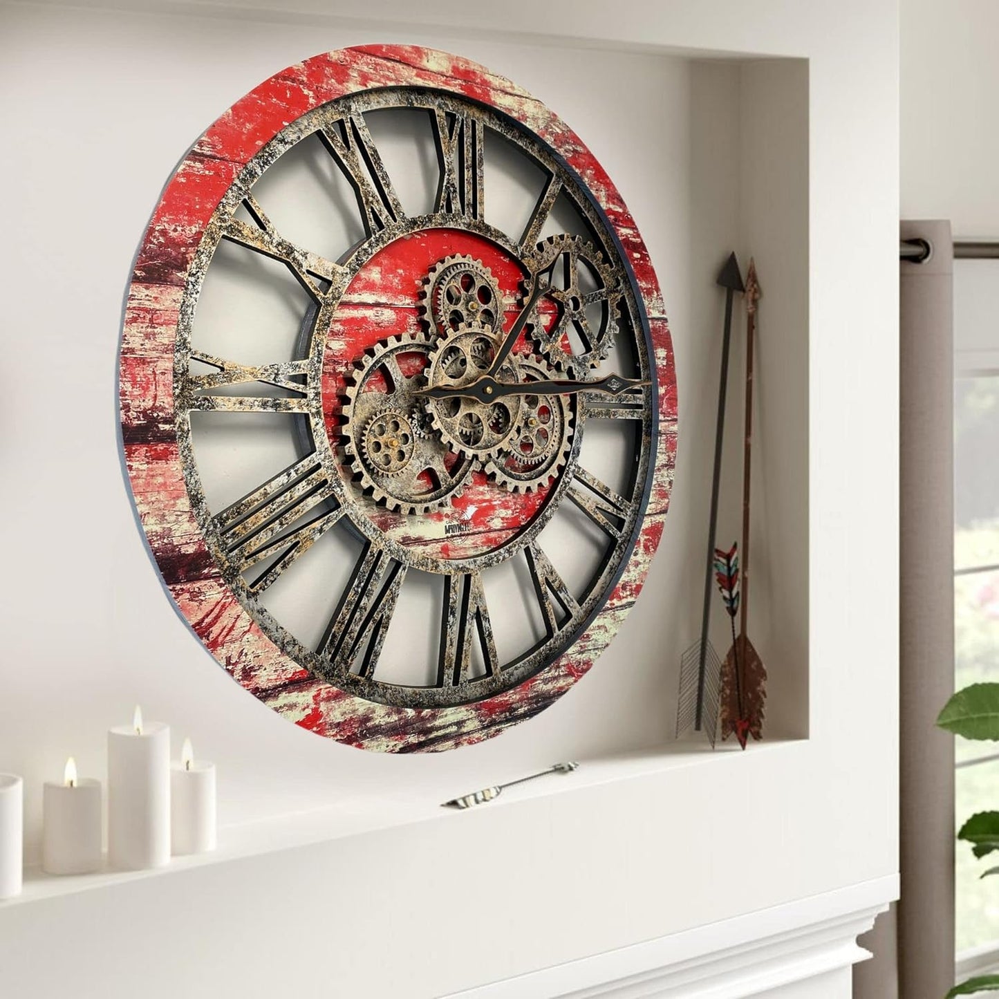The Gears Clock The Original Real Moving Gear Wall Clock Vintage Industrial Oversized Rustic Farmhouse (24 inch (60cm),Red Lava)