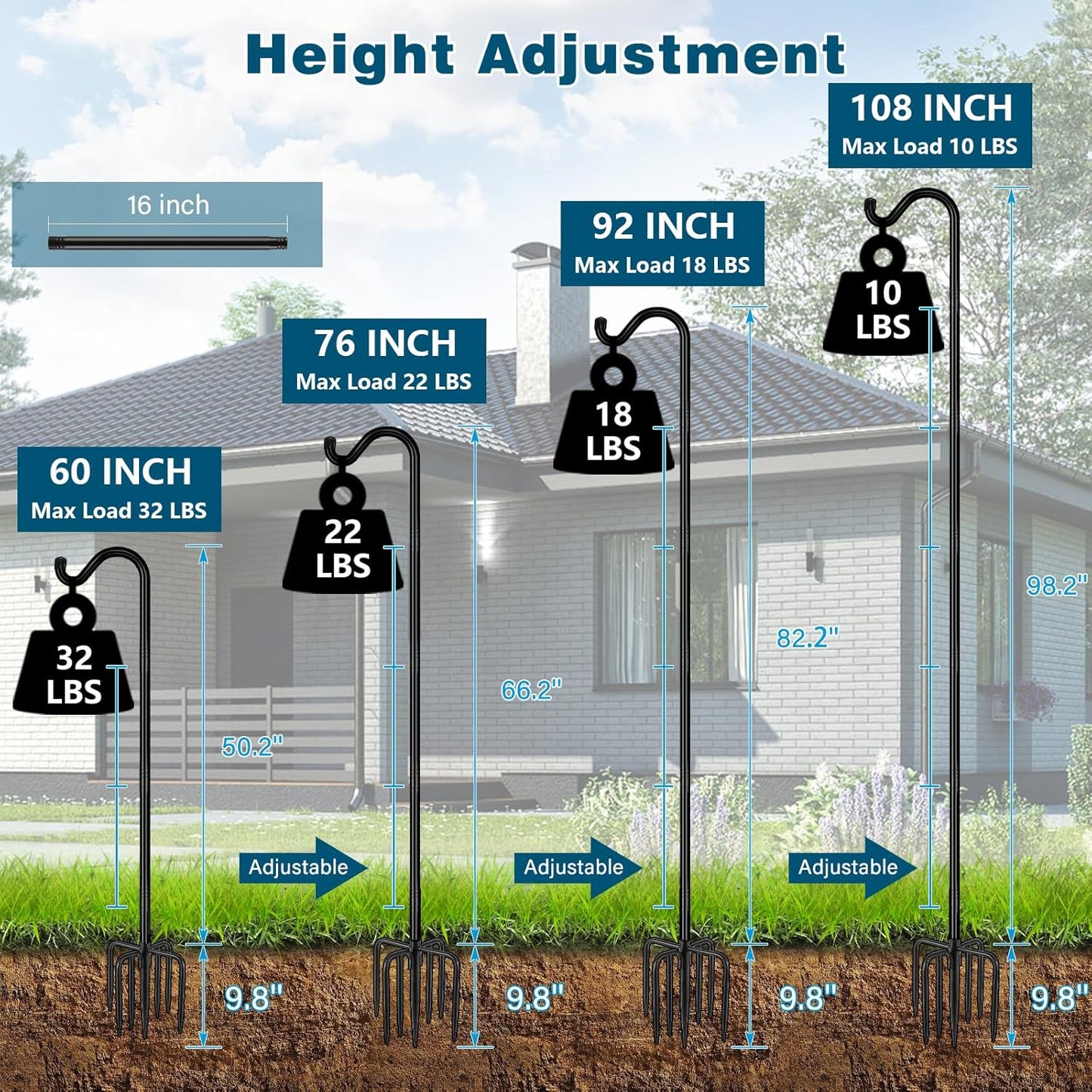 Gtongoko Adjustable Shepherds Hooks for Outdoor 76 Inch Bird Feeder Pole with 7 Prongs Base, 3/4 Inch Thick Heavy Duty for Hanging Bird Feeder, Plant Baskets,1 Pack