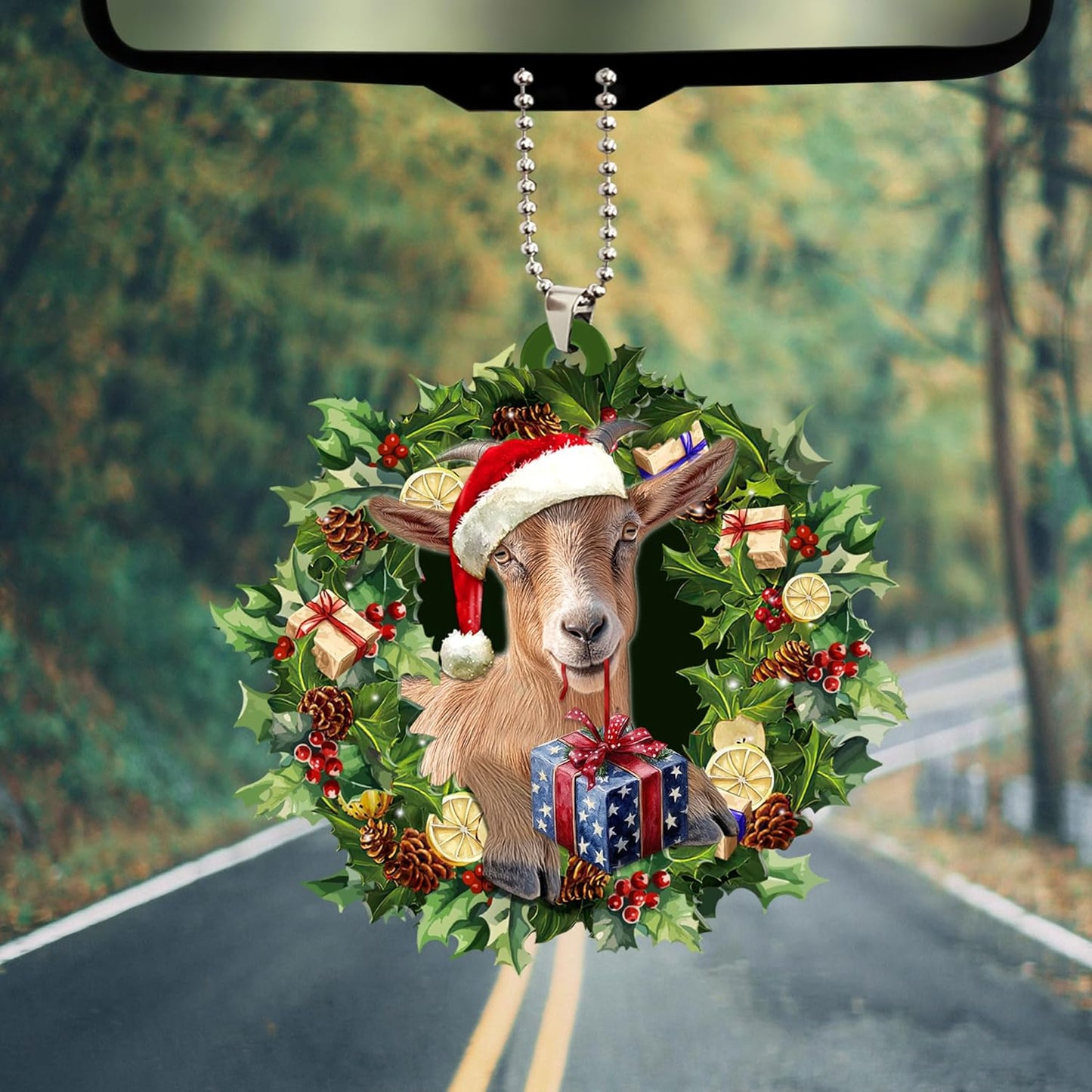 Talataca Goat Wearing A Christmas Hat Wreath Farm Lover 2D Flat Car Rear View Mirror Accessories Christmas Tree Ornament Decoration Hanging Charm Interior Rearview Pendant Decor Gift