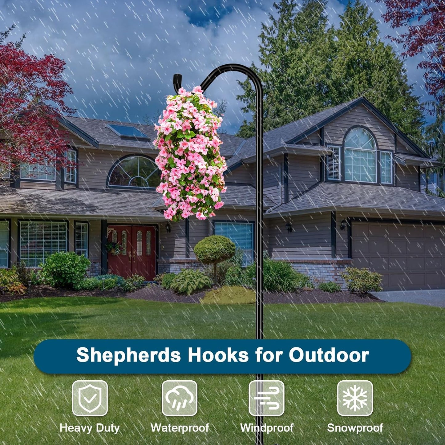 Gtongoko Adjustable Shepherds Hooks for Outdoor 76 Inch Bird Feeder Pole with 7 Prongs Base, 3/4 Inch Thick Heavy Duty for Hanging Bird Feeder, Plant Baskets,1 Pack