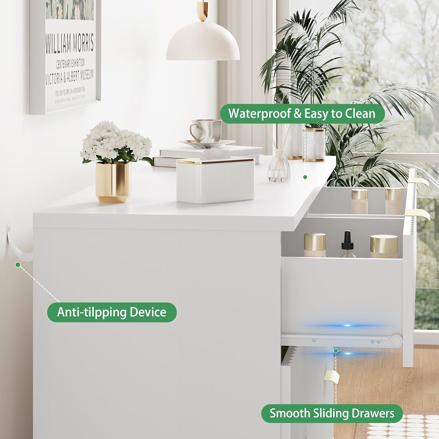 Fluted Dresser for Bedroom with 6 Drawers, 48" Wide Modern Chest of Drawers with Metal Handle, Wooden Dresser TV Stand, Wood Closet Clothes Storage Drawer Organizer for Living Room, Hallway, White