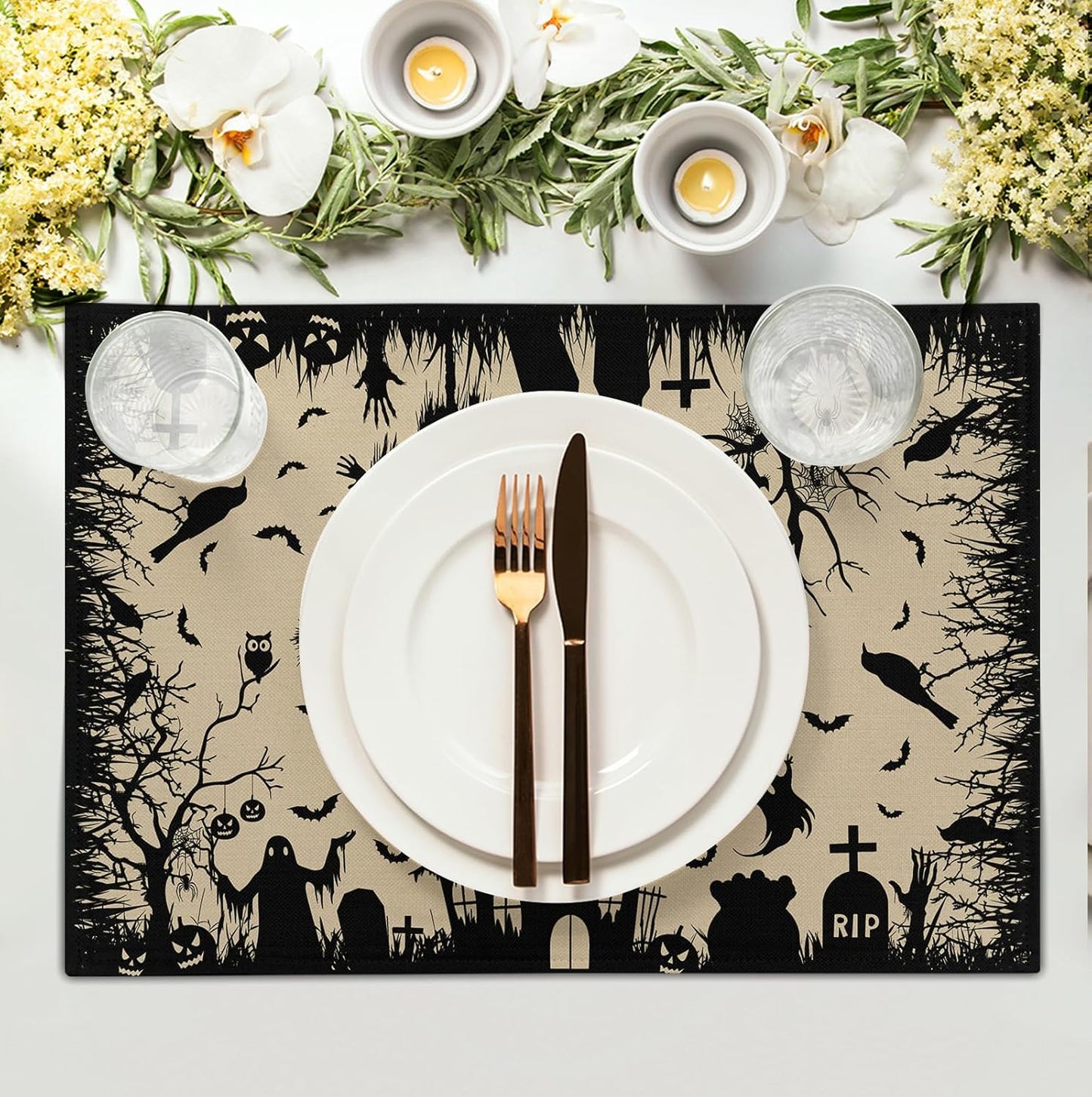 Halloween Placemats 12x18 Inch Set of 4 Black White Witch Castle Ghost Place Mats Spooky Haunted House Bats Tree Crow Table Mat for Party Kitchen Dining Outdoor Indoor Decor