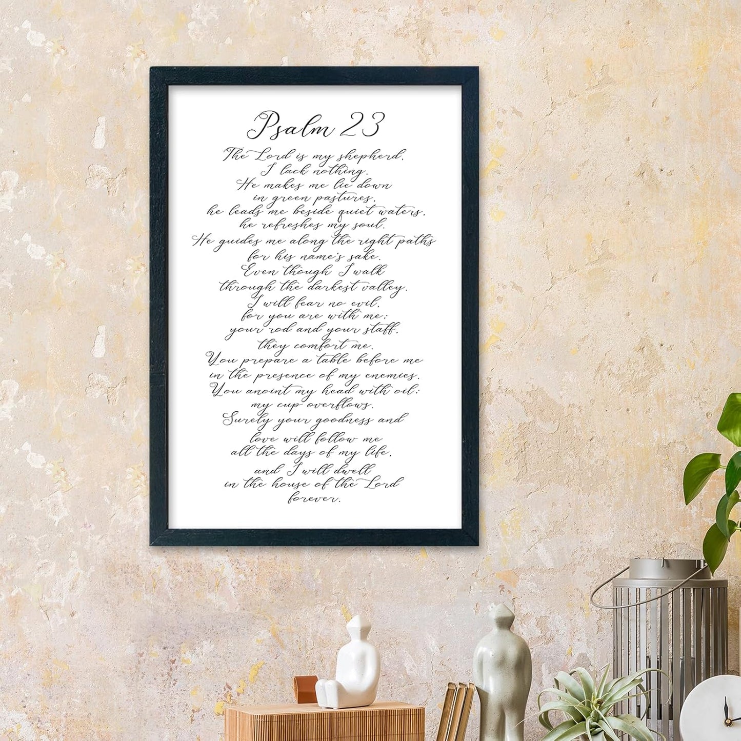 LuZhiQiang Psalm 23 Wall Art Bible Verse 16"×11" Christian Inspirational Scripture Sign Wood Framed Wall Hanging Decor (Black)