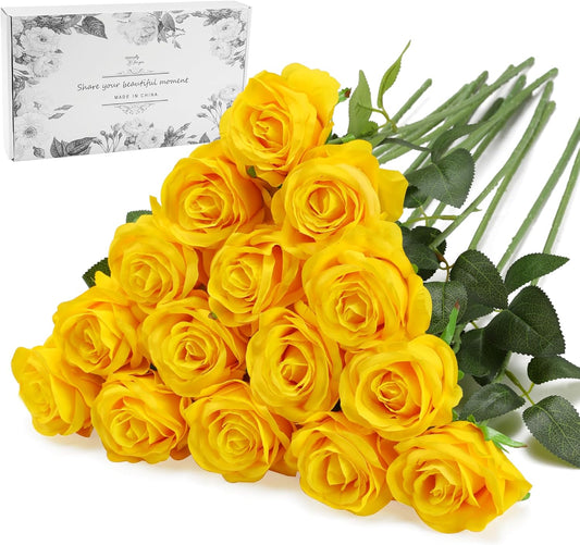 Yellow Fake Roses Artificial Flowers - 16 Pcs Fake Artificial Roses Silk Flowers with Stems for Home Wedding Hotel Office Centerpiece Decor