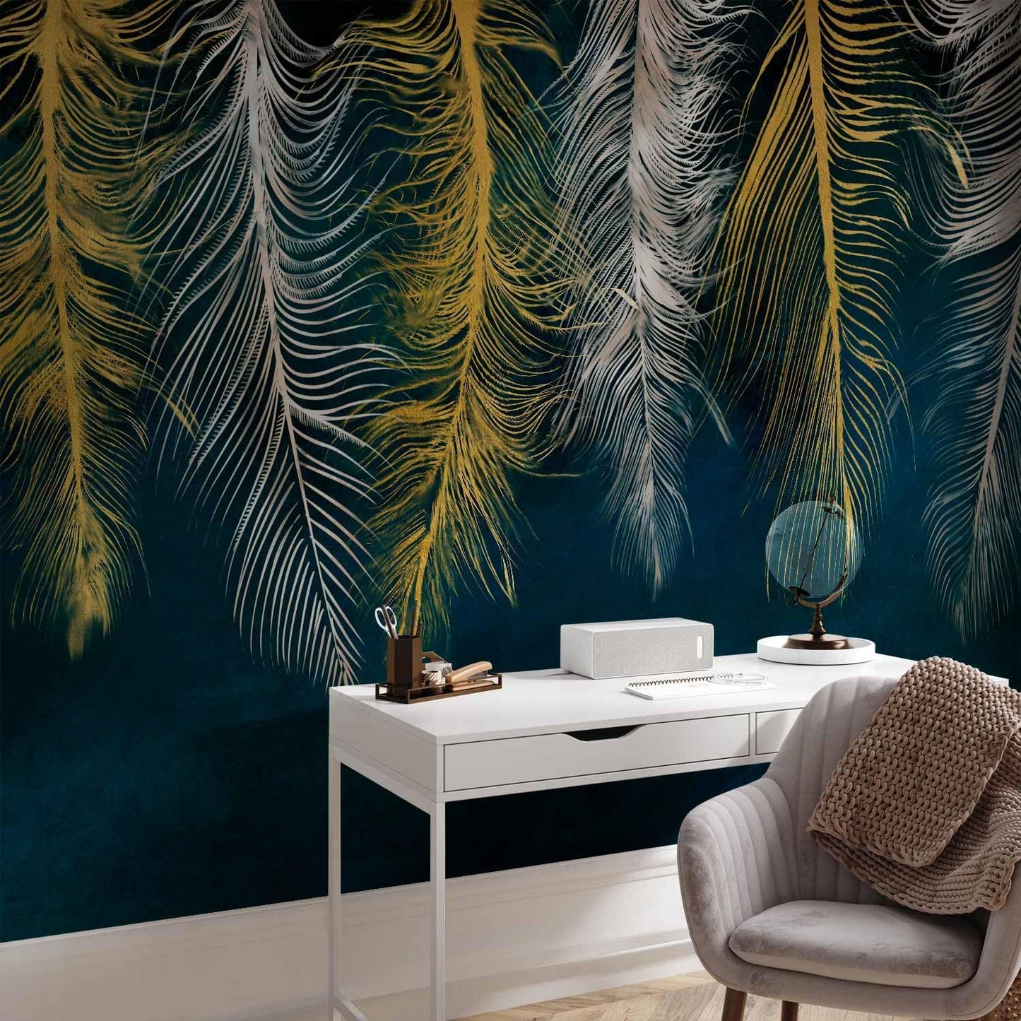 artgeist Premium Wall Mural Feather 157x110 in - Non-Woven Wallpaper Fleece Wall Decor Photo Print Picture Image Design Landscape Abstract Beige Navy Blue b-A-0812-a-a