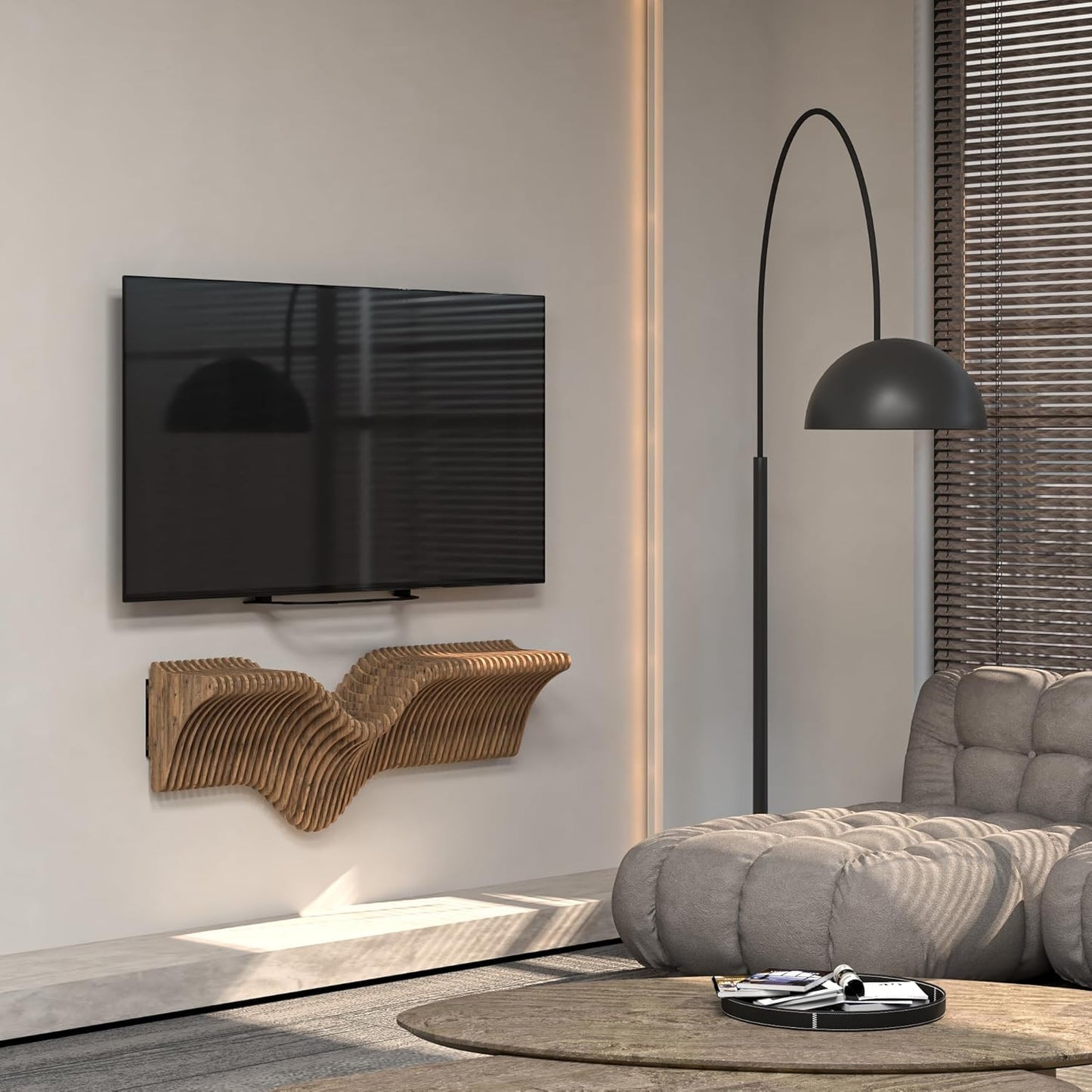 Parametrics 40 inch Floating Shelf TV Unit Modern Geometric Wooden Wall Piece Decor Natural Oak Color 3D Wavy Living and Gaming Room Shelf