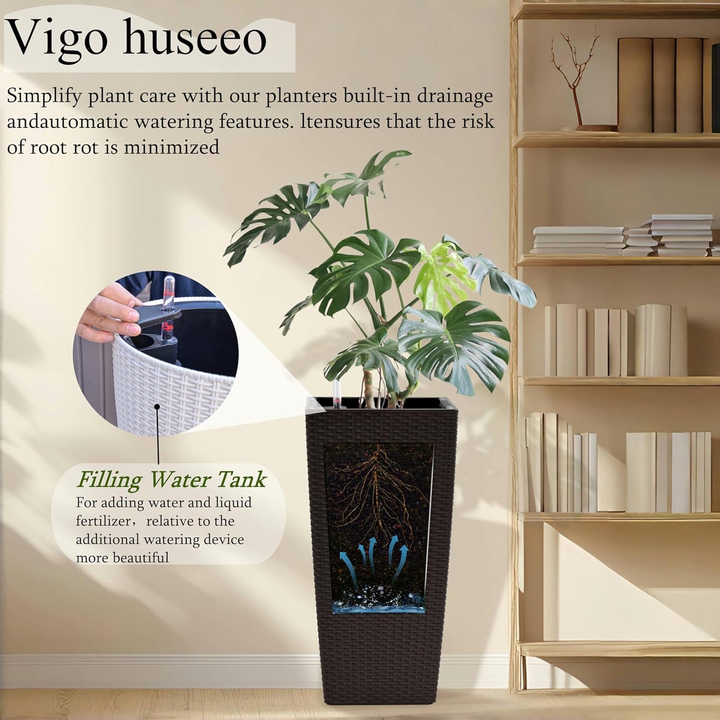 30in Tall Large Plant Pots Planter-Self-Watering Indoor/Outdoor Planting with Drain Holes, Water Level Monitor, Inner Bucket for Front Porch Patio, Brown Large