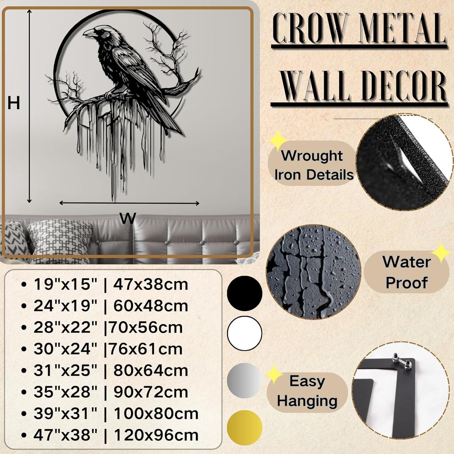 Crow Metal Wall Decor, Raven Wall Art, Large Gothic Raven Decor Hangings, Bird Wall Decor, Metal Tree Branch Decor, Ravens Sign, Raven Art for Living Room (Gold, 31"x25" | 80x64cm, metal wall art)