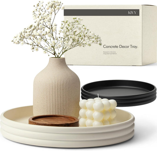 KIVY Round Decorative Concrete Tray 11x1,5 Inch - Modern Circle Coffee Table Tray - Home Decor Flat Bowl for Livingroom & Bedroom - Bandejas Decorativas - Circle Coffee Table Centerpiece (Cream)