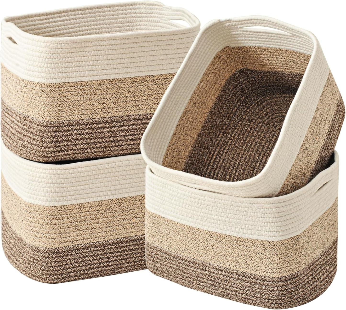 Storage Baskets for Organizing & Shelves, Woven Cotton Rope Organization Bins for Dog Toys, Clothes, Books, Nursery Organizer, 15"Lx11"Wx9.5"H, (4 Packs) Gradient Brown