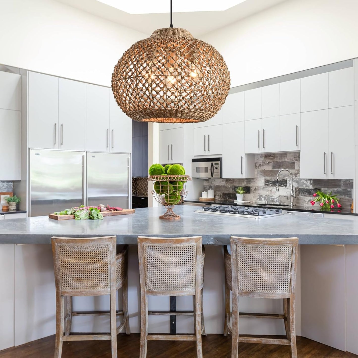 17" Rattan Pendant Light 3-Light Hand Woven Wicker Seagrass Hanging Light Boho Water Plants Rattan Chandelier for Dining Living Bedroom Kitchen Farmhouse