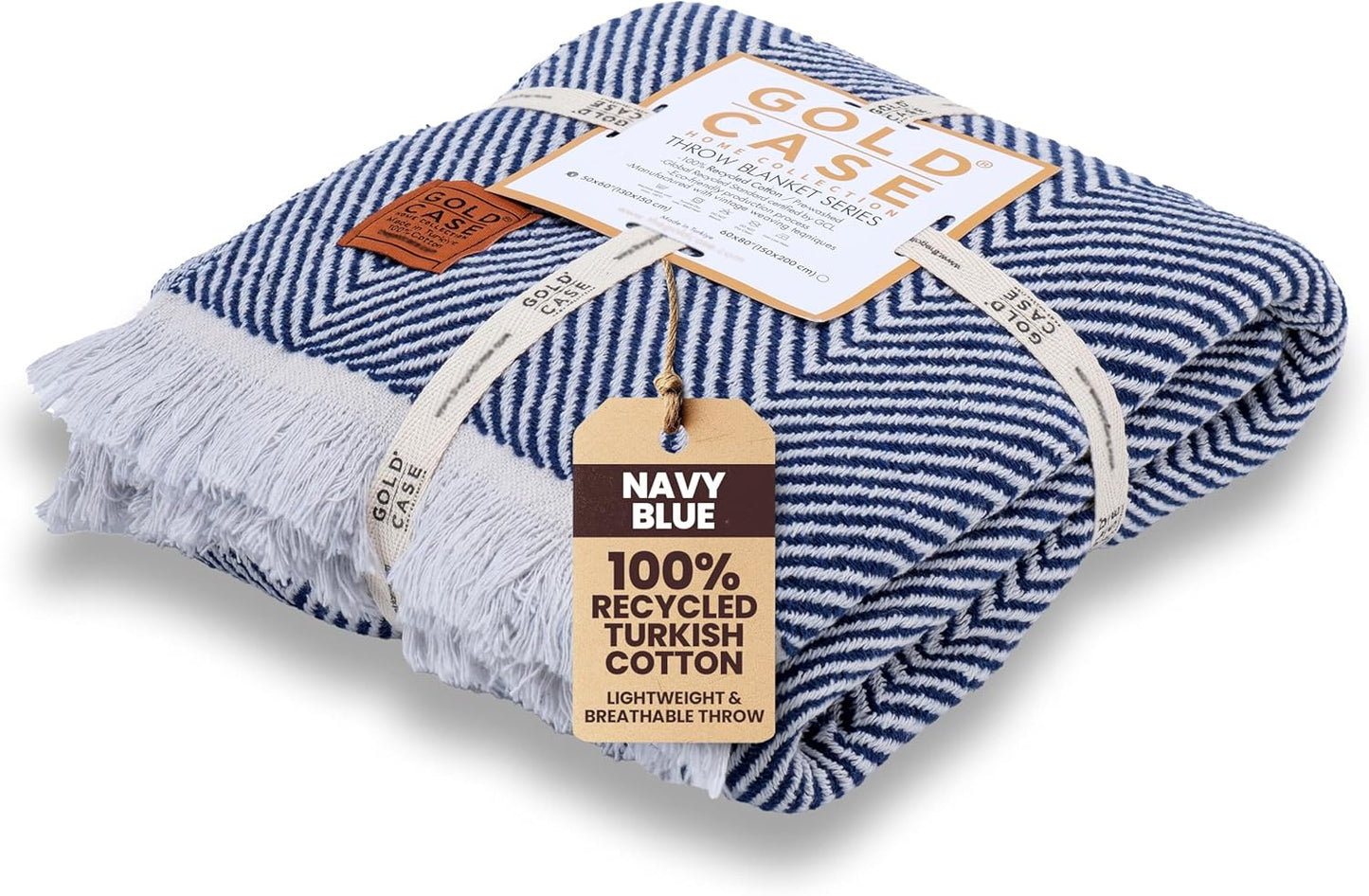 Gold Case Throw Blanket for Couch – 100% Recycled Turkish Cotton Blankets & Throws – Elegant Decorative Throw Blankets for Living Room Sofa – Woven Throws for Couch – Elegant Navy Blue – 50x60