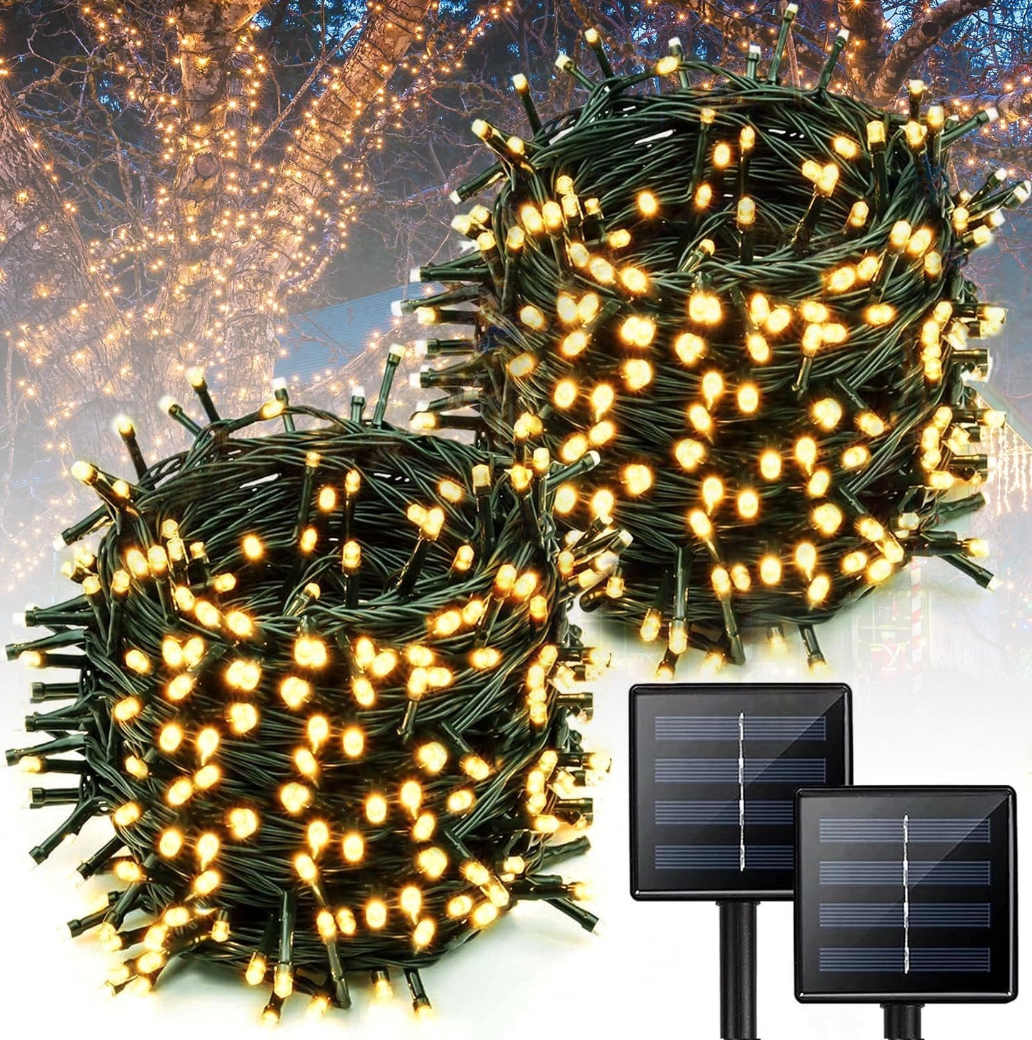2 Pack Super Long Solar Christmas Lights Outdoor Waterproof, 400 LED 144FT Solar String Lights with Green Wire 8 Lighting Modes, Mini Led Twinkle Light for Xmas Tree Fence Yard Party Decor, Warm White