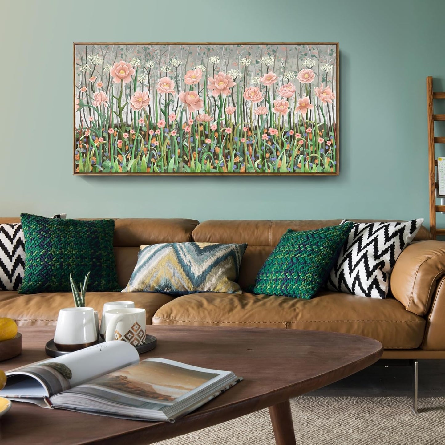amatop Framed Large Floral Wall Art Modern Botanical Canvas Print Flower Field Wall Decor Abstract Landscape Picture Blooming Flower Forest Pink Green Artwork for Living Room Bedroom Office 48x24 in