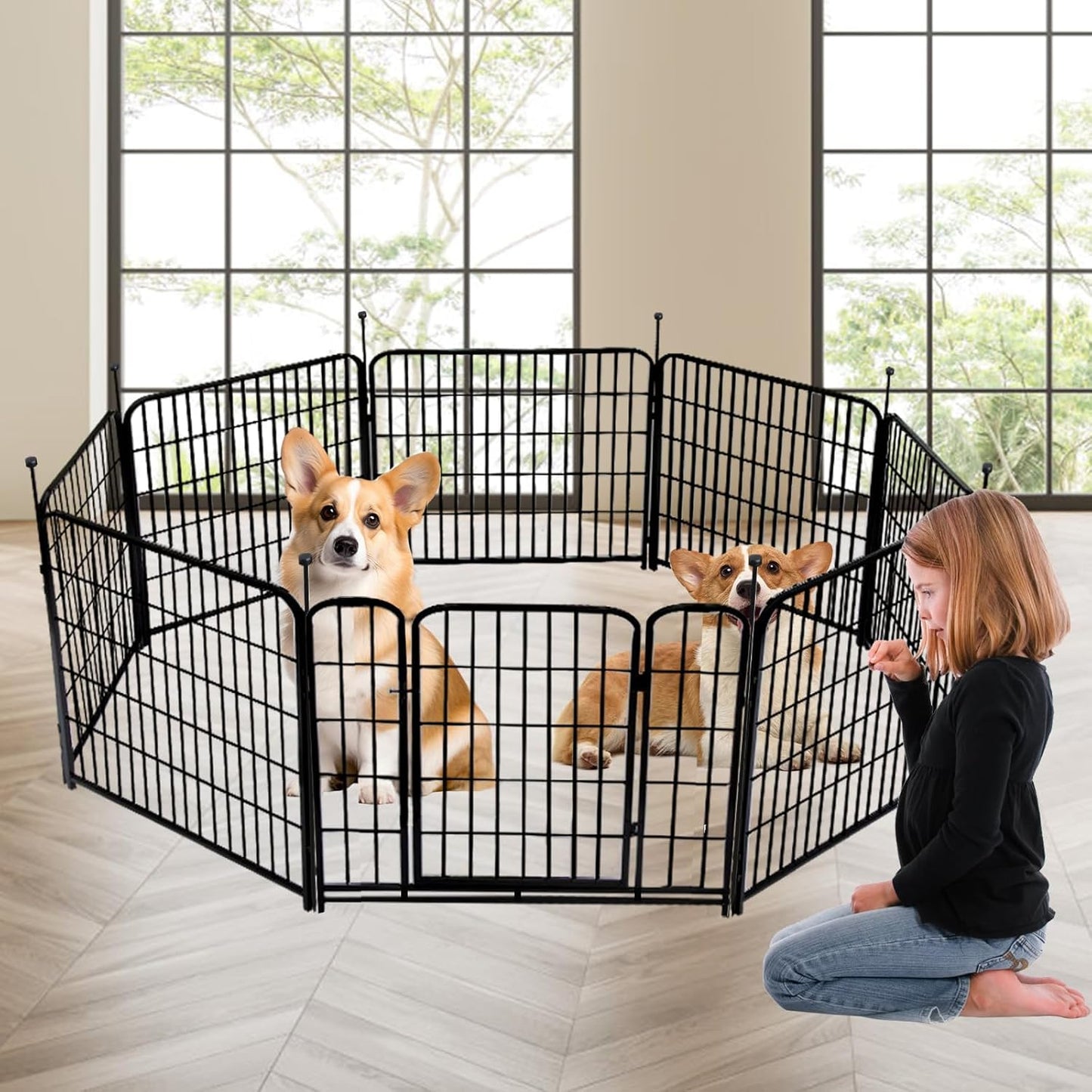 56in(H) Garden Fence, 10 Panels Total 22.1 Ft(L), Garden Fence with Low Threshold Gate, Anti Dig Fence Barrier, Fencing for Garden Beds, Black Metal Decorative Garden Fencing