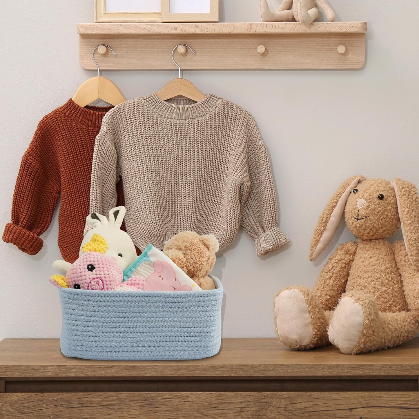 Small Woven Storage Baskets 12“X8”X5“ Decorative Rope Bins for Organizing Shelves, Closets, and Toys, Empty Gift Baskets, Cute Organizer Basket for Home and Office (blue, regular)