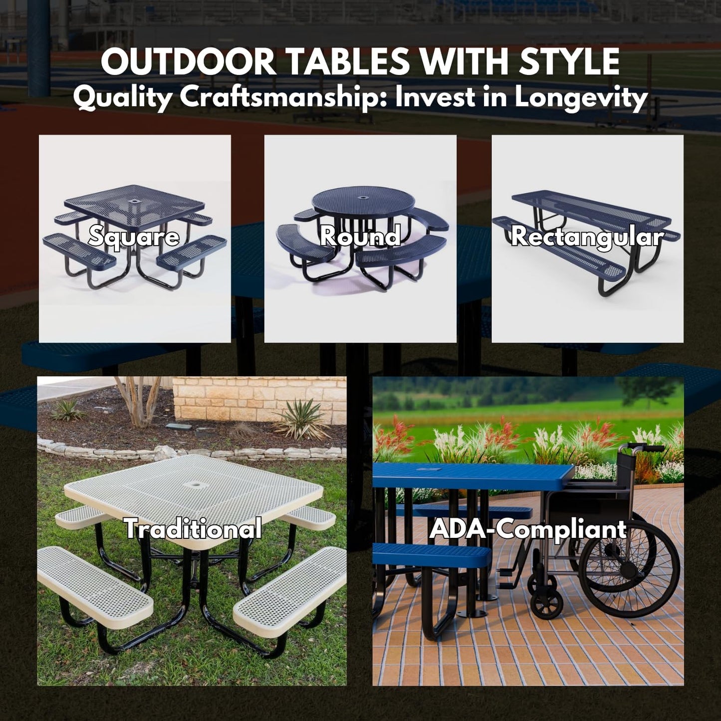Heavy-Duty Portable Outdoor Picnic Table with Umbrella Hole, Punched Steel Patio Dining Furniture Made in America (46" Round Top, Orange)