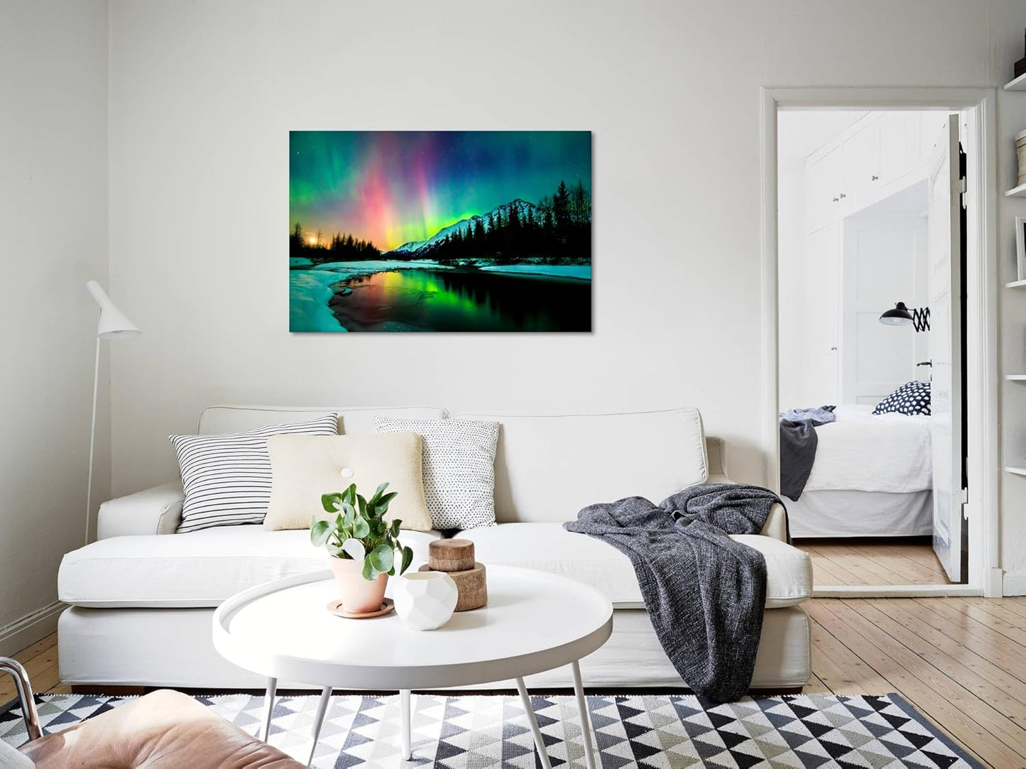 Aurora Borealis Canvas Wall Art Northern Lights Canvas Print Painting for Living Room Snowy-Mountains-Landscape Poster Picture Wooden Framed Prints Ready to Hang(28.00"x44.00")