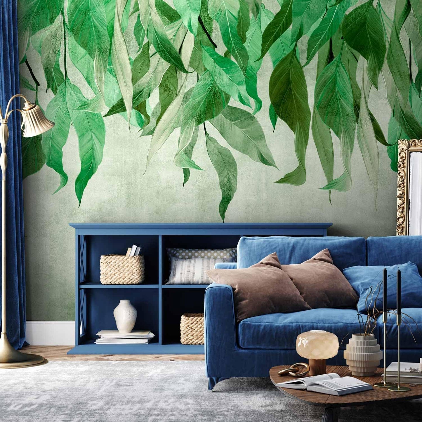 artgeist Wall Mural Hanging Leaves 98x69 in - Non-Woven Wallpaper Fleece Wall Decor Photo Print Picture Image Design Nature Botanical Concrete Green Like Painted b-C-10146-a-a