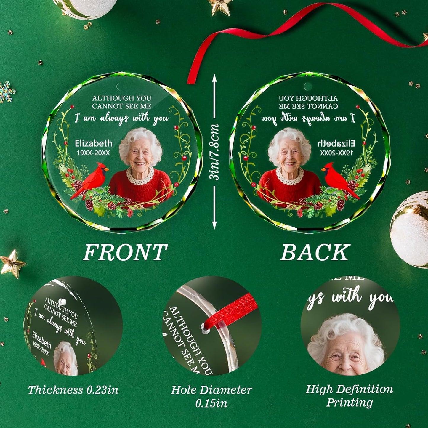 Personalized Christmas Ornament with Photo - Custom in Loving Memory Picture Ornaments, Customized Memorial Hanging Ornament, Sympathy Keepsake Gift for Loss of Loved One