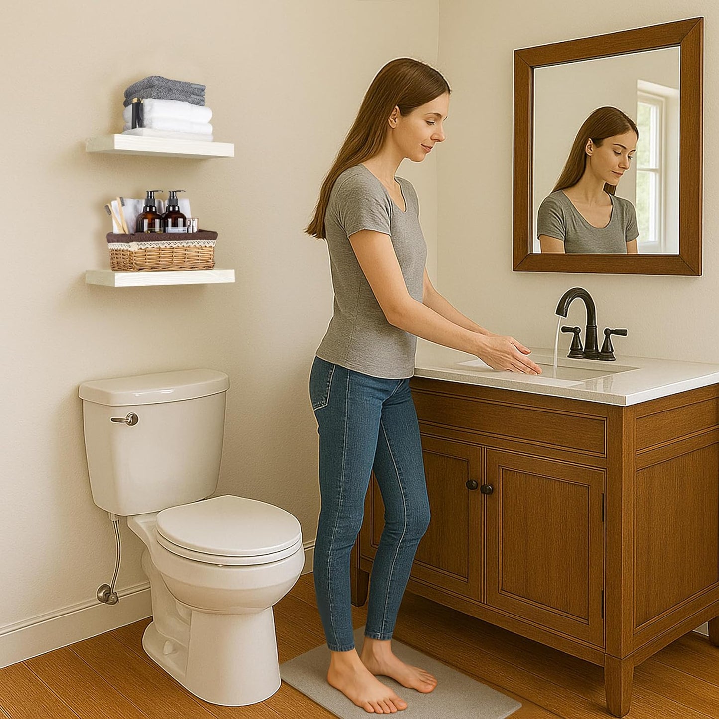 BGMG Wood Floating Shelves 16 inch Set of 2, Rustic Wooden Wall Mount Shelves for Bathroom Living Room Bedroom Kitchen Farmhouse -16x 6.7 x1.25 inch- White