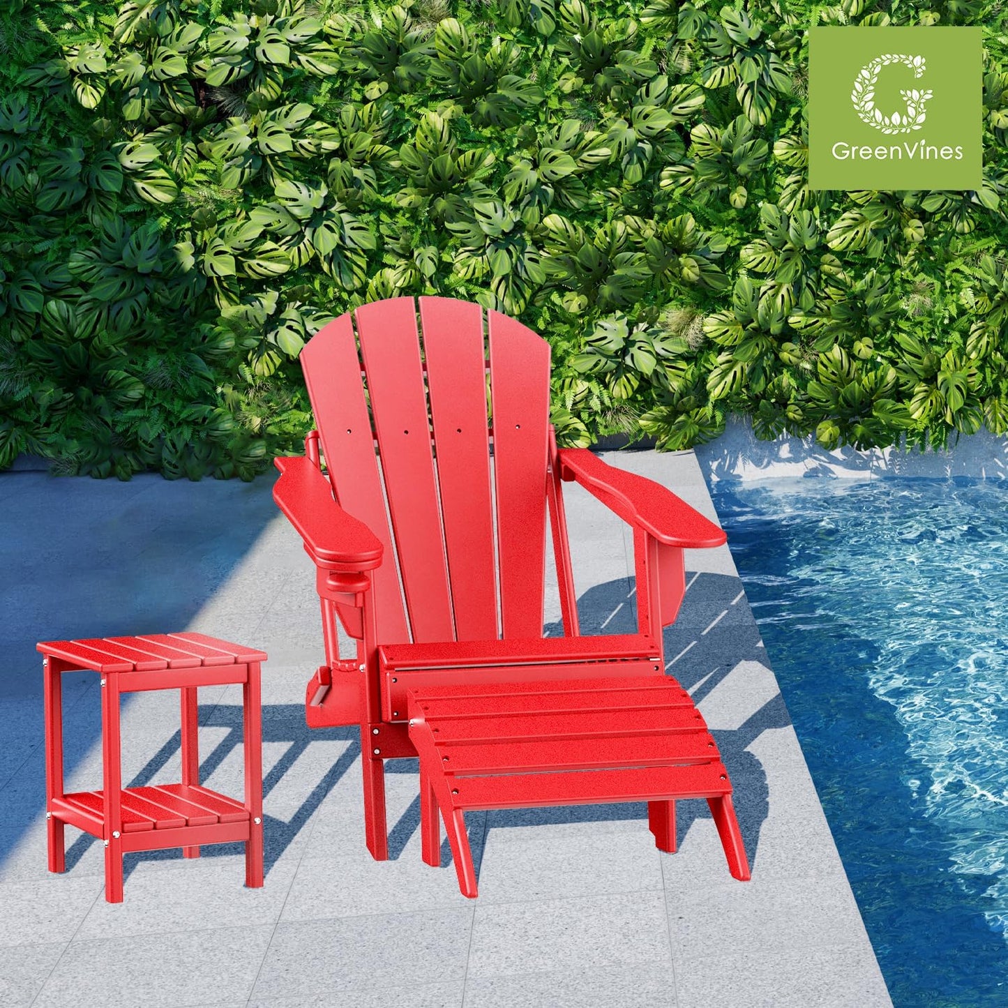 GREENVINES Adirondack-Ottoman | HDPE Plastic | Outdoor Footrest | All Weather | Foot Rest | Foot Stool | Red | for Adirondack Chair | for Patio Backyard Pool