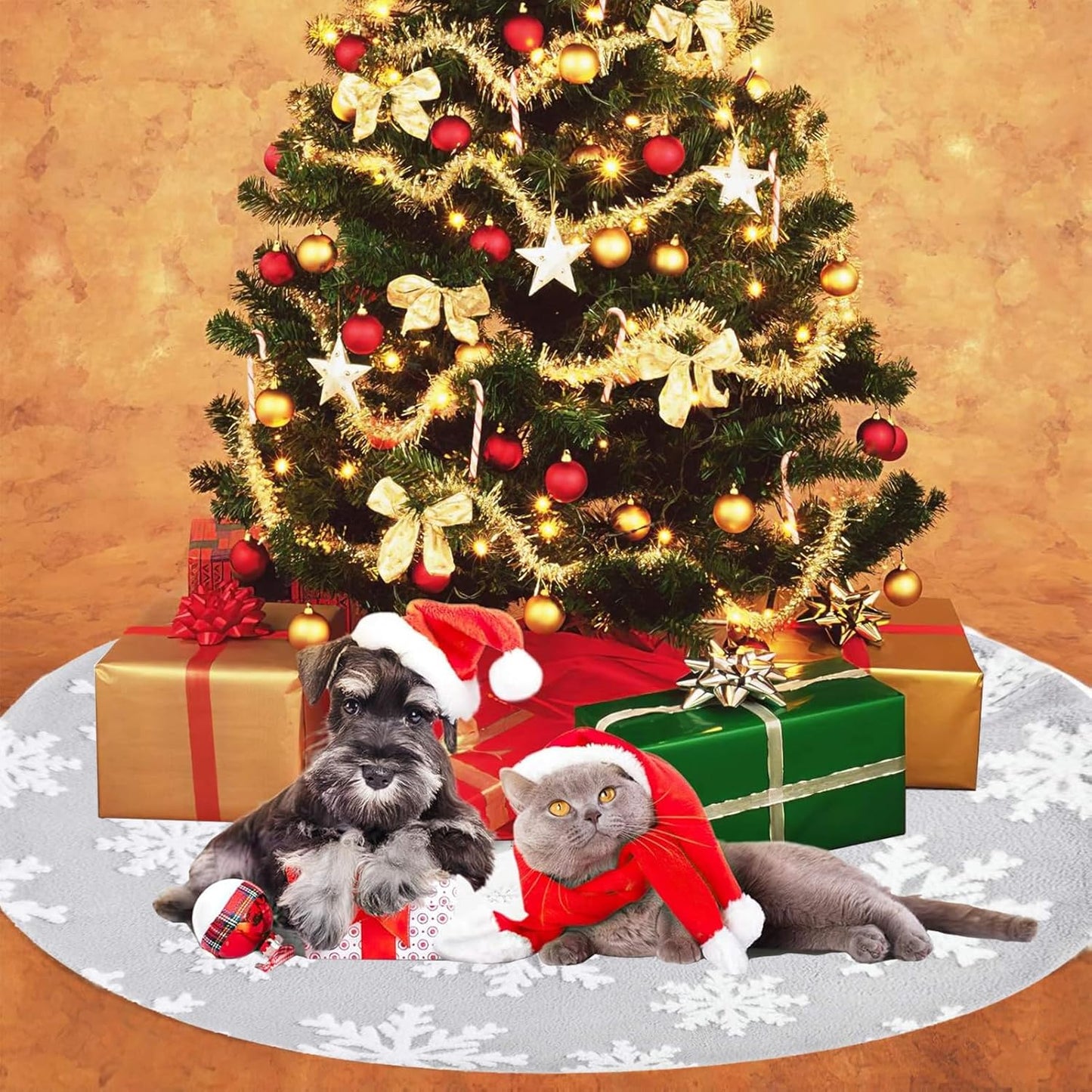 48inch Christmas Tree Skirt Tree Blanket, Large Luxury Soft Carpet 4ft Xmas Tree Blanket with 3D Large Snowflakes Grey Faux Fur Carpet for Christmas Holidays Decoration Party