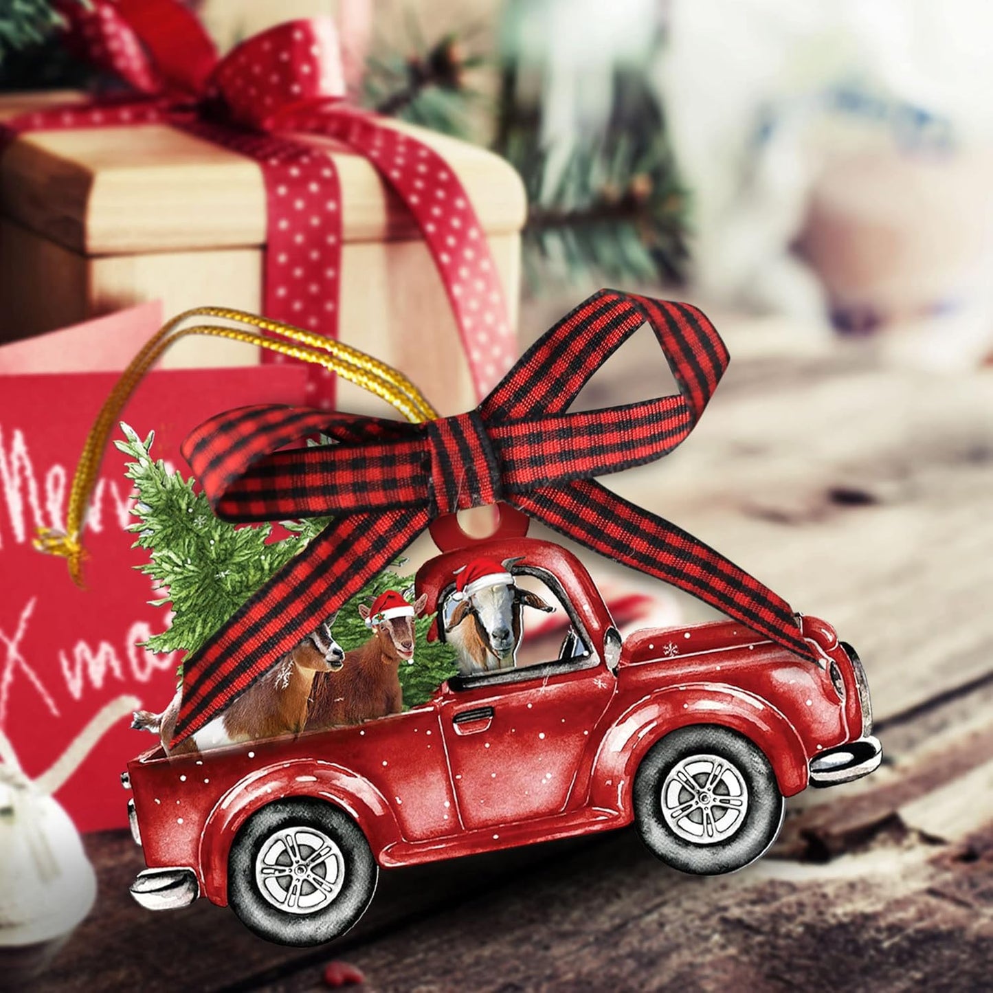 Talataca Goat Red Christmas Truck Pine Tree Farm Animal Lover 2D Flat Christmas Tree Wood Ornament Decor Wooden Hanging Decoration House Present Xmas Eve Keepsake Decorative