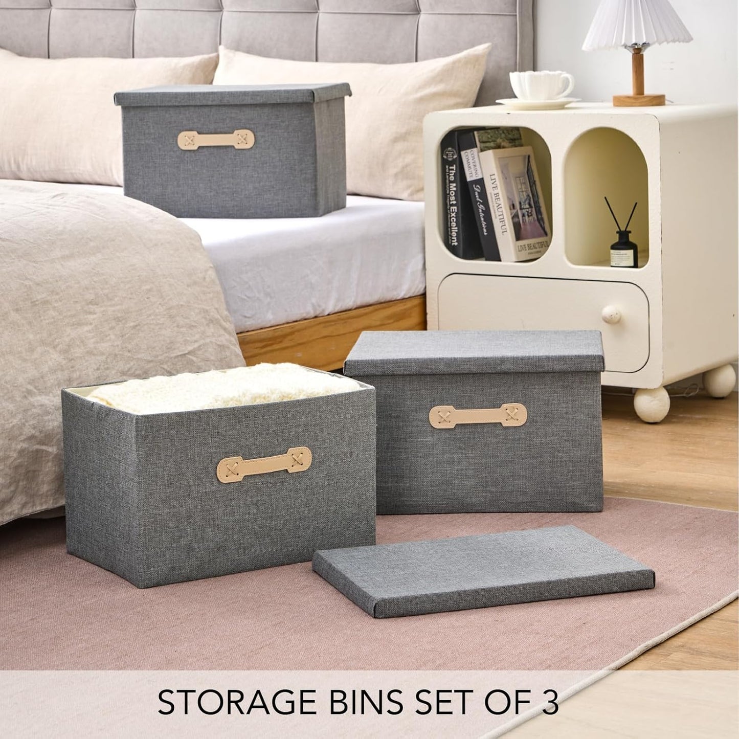 Enzk&Unity Decorative Storage Boxes with Lids, 3 Pack Grey Fabric Storage Bins with Handle, Foldbale and Stackable Storage Boxes for Shelf, Closet, Bedroom, Living Room