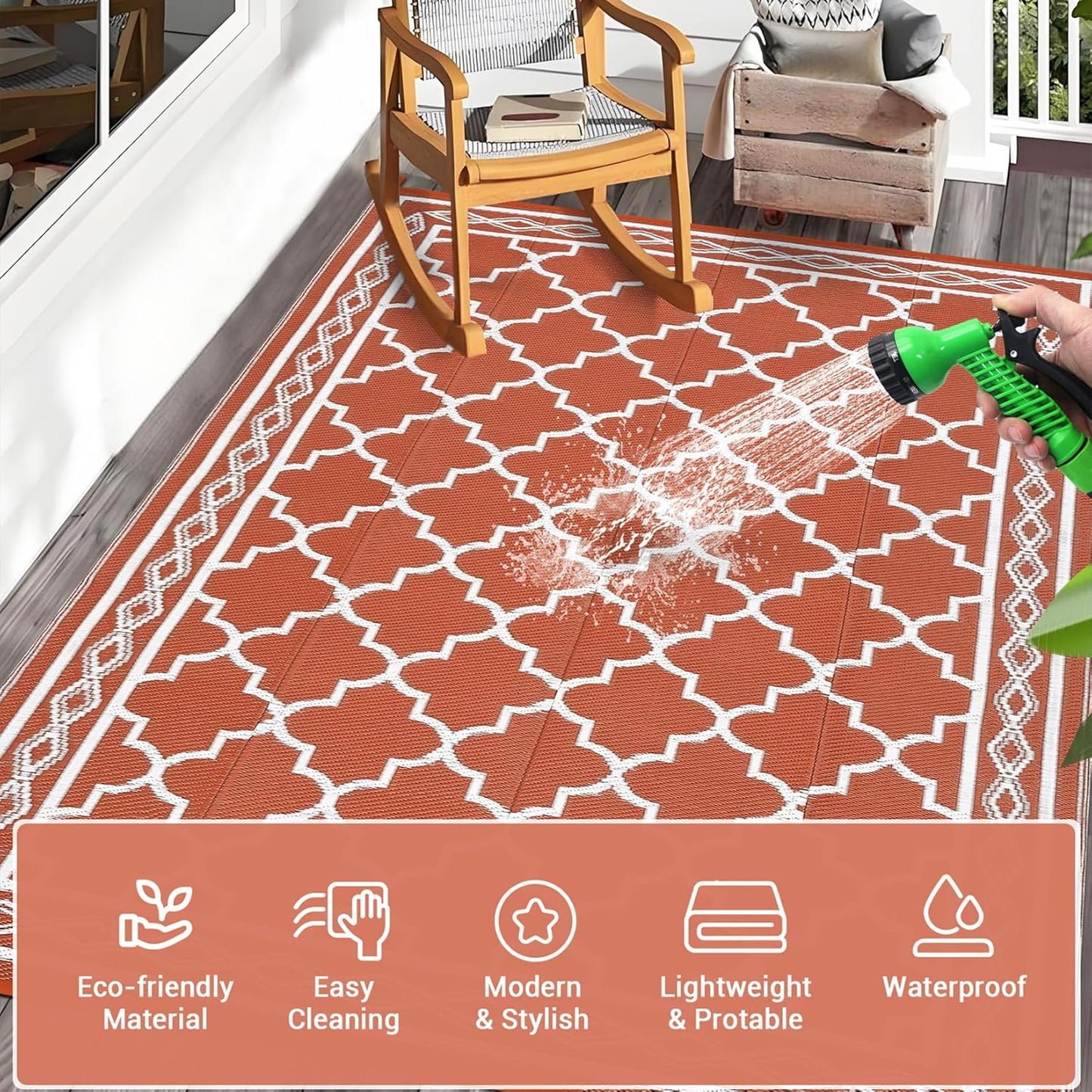 GAOMON Outdoor Plastic Straw Rug, 10'x14' Reversible Sage Green Patio Mat, Flower Modern Design for RV, Backyard, Deck, Camping, Picnic, Orange/White(Geometric)