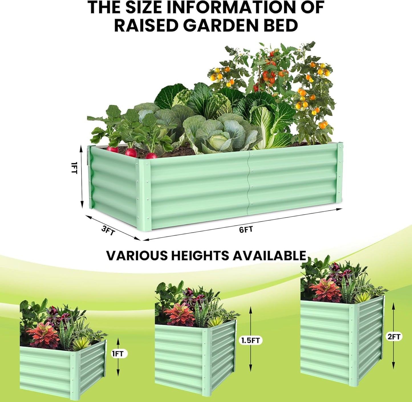 Galvanized Raised Garden Bed Outdoor, 2 Pcs 6x3x1FT Outdoor Large Planter Raised Beds Open Base with Safety Edge and Glove for Vegetables Flowers Ground Planter, Green