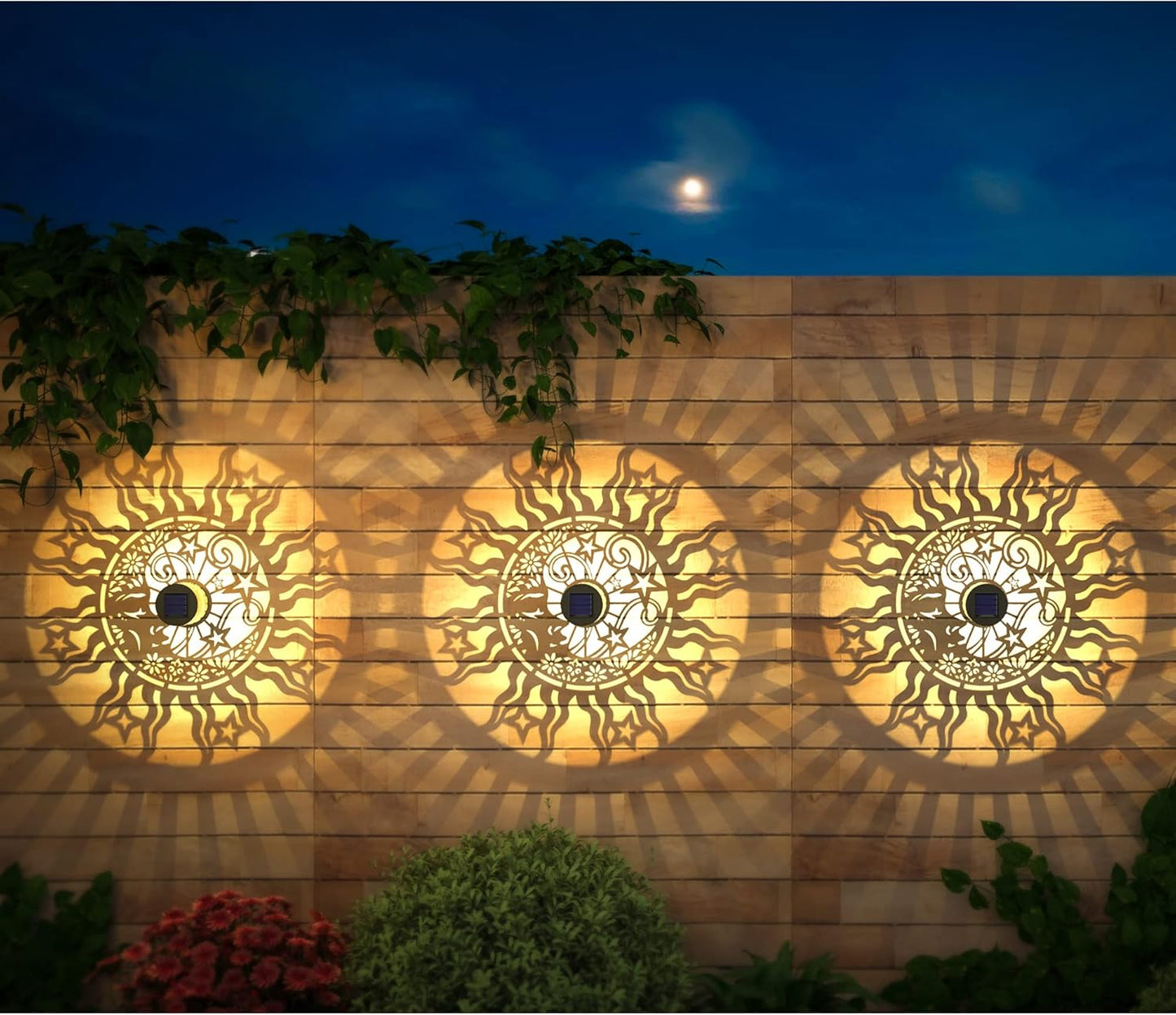 4 Pack Solar Fence Lights Metal Solar Powered Outdoor Wall Deck Lights Sun Moon Theme Waterproof Fence Light for Garden Post Patio Backyard Yard Decor (Face, 4 Pack)