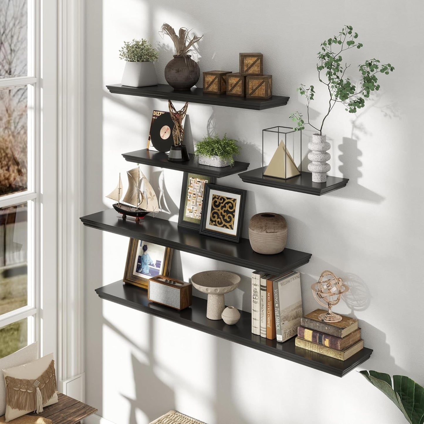 Floating Shelves for Wall, 24 Inch Long Wall Mounted Black Hanging Shelf for Kitchen, Living Room, Office, Bedroom, Bathroom, Retro Vintage Wood Bookshelf for House Decor