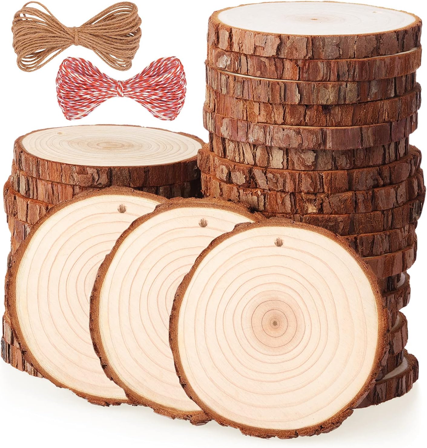 Fuyit Natural Wood Slices, 30 Pcs 3.5-4 Inch Unfinished Predrilled Wooden Circles Tree Slice with Hole & Barks for DIY Arts Craft Christmas Ornaments