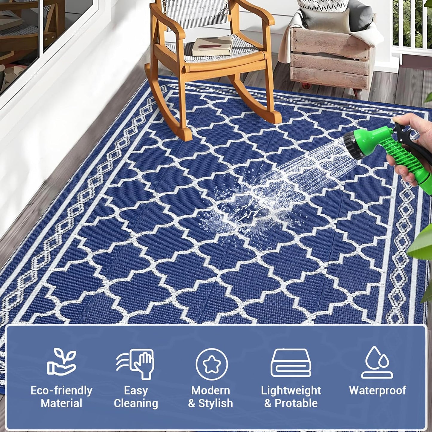 GAOMON Outdoor Rug Waterproof 8'x10', Reversible Outdoor Plastic Straw Rug, Boho Patio Rug, Indoor Outdoor Carpet, RV Mat Outside for Patio, Camp, Picnic, Balcony, Deck, Navy/White(Geometric)